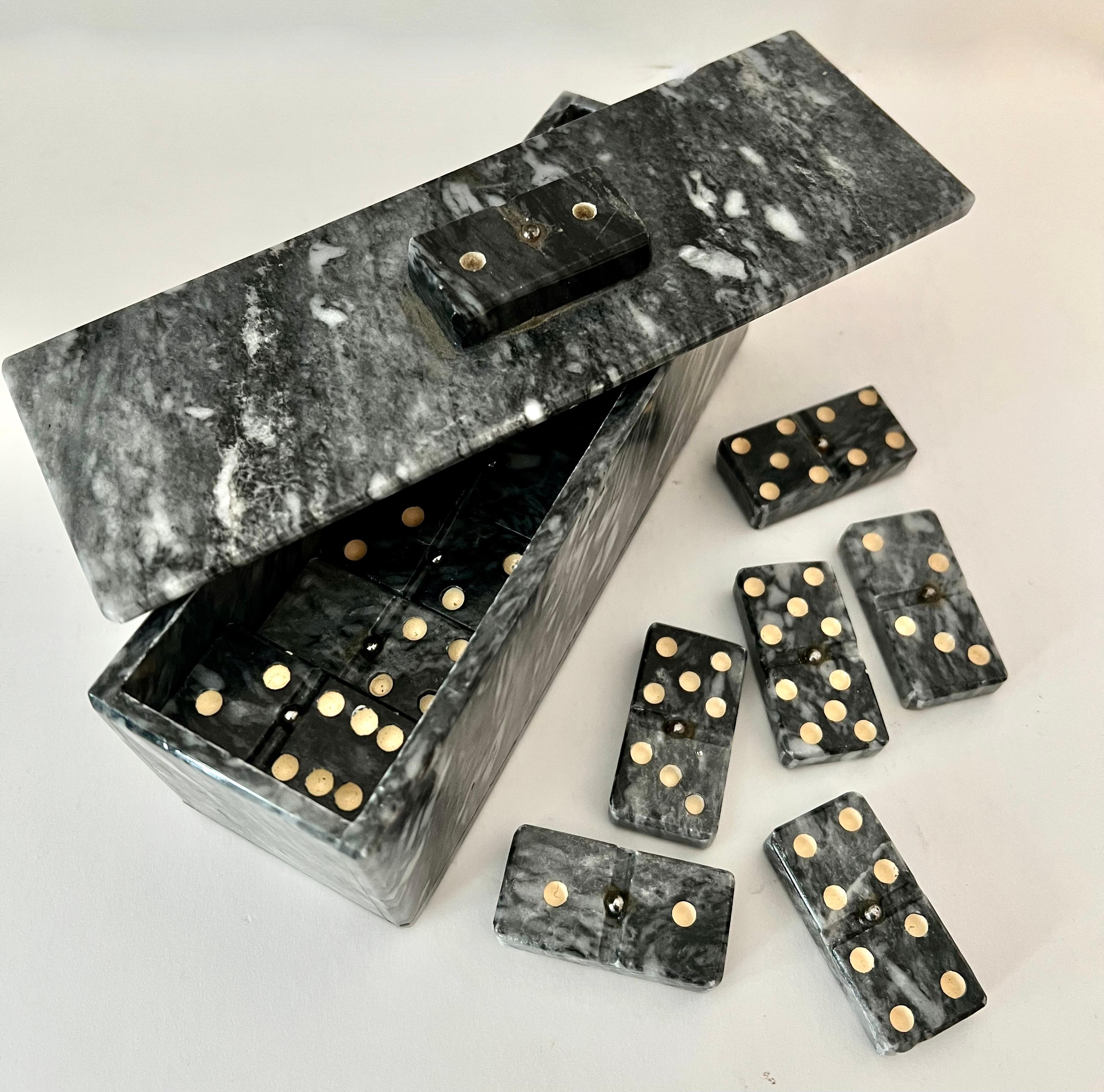 Hand-Crafted Domino Set of Carrara Marble in Lidded Marble Casket Case For Sale