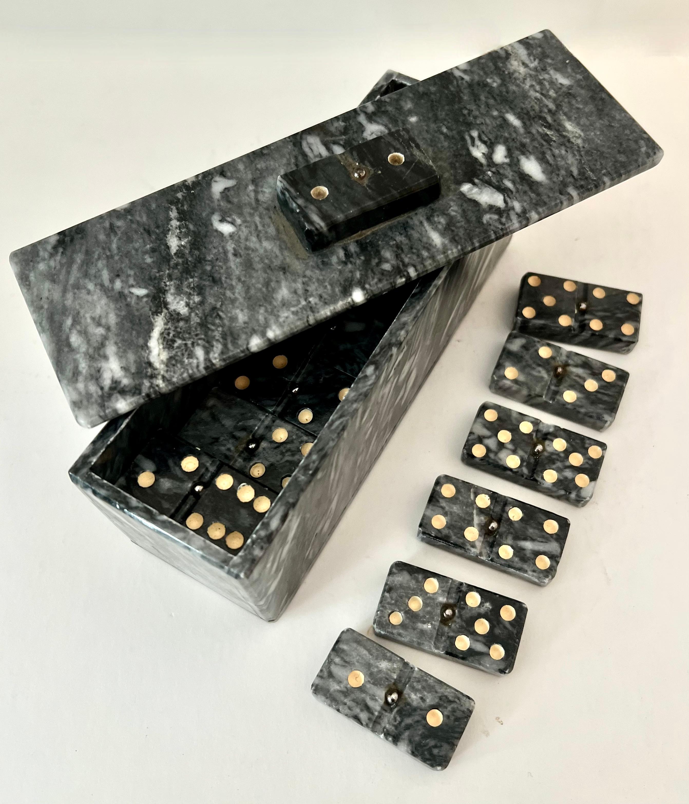 Domino Set of Carrara Marble in Lidded Marble Casket Case In Good Condition For Sale In Los Angeles, CA