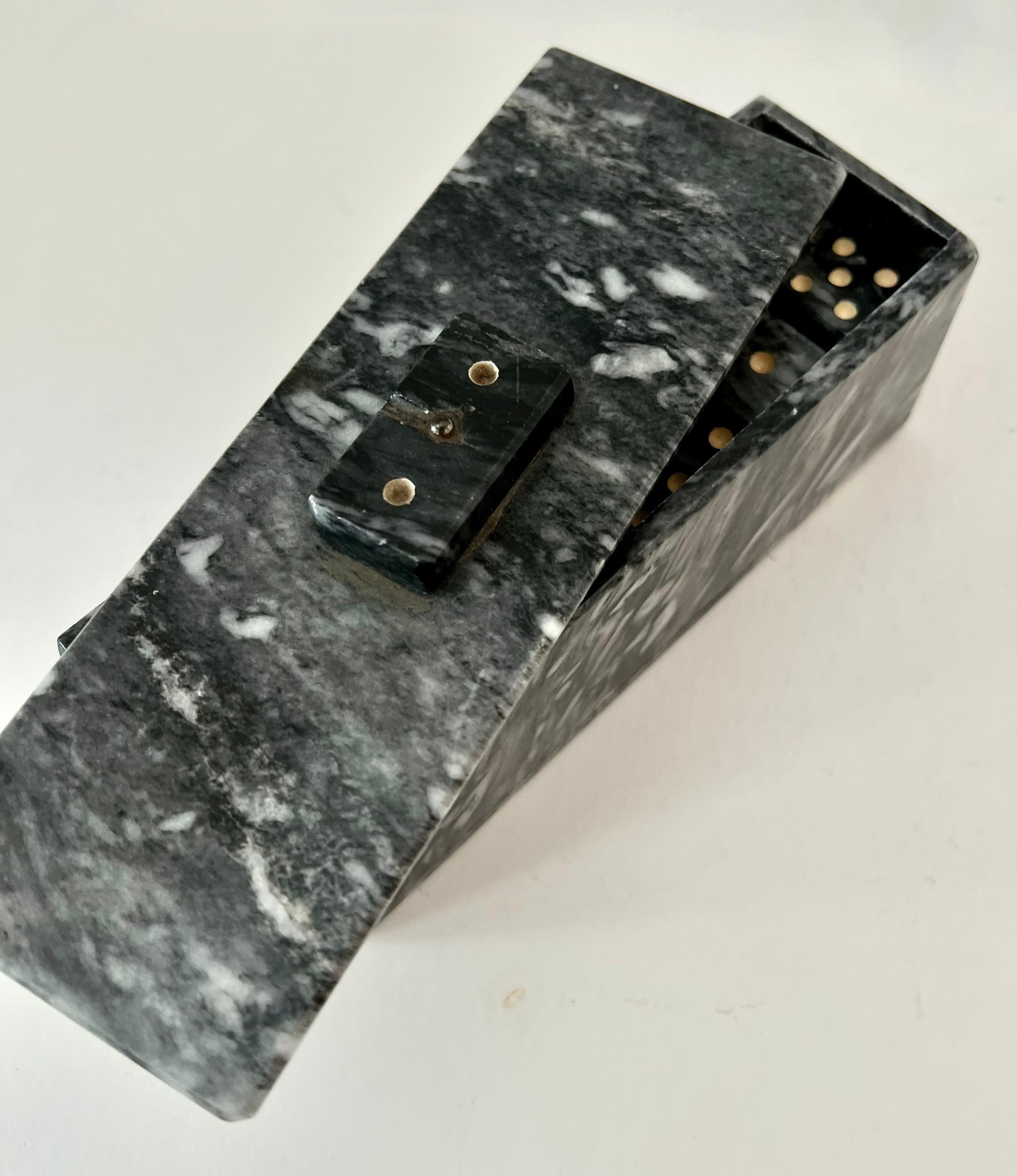 Metal Domino Set of Carrara Marble in Lidded Marble Casket Case For Sale