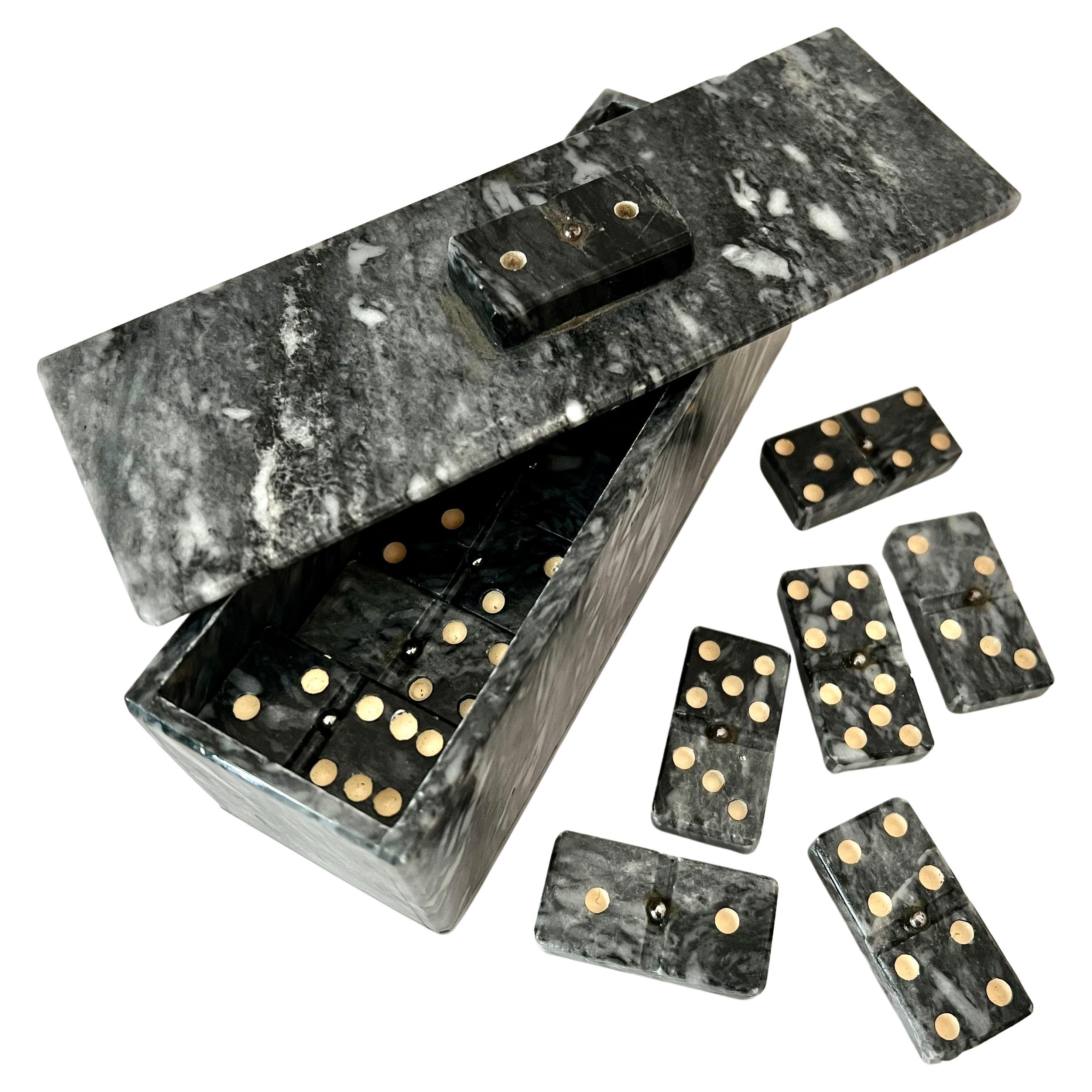 Domino Set of Carrara Marble in Lidded Marble Casket Case