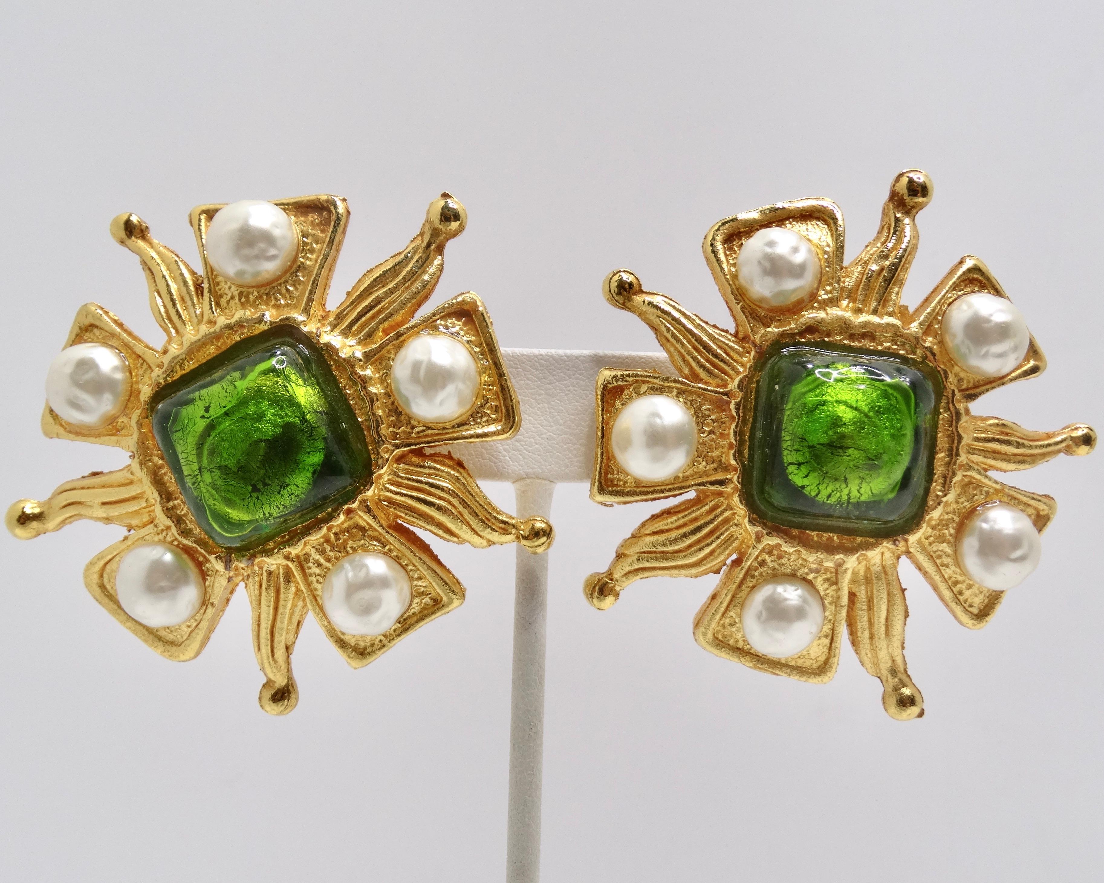 Get your hands on a pair of exquisite statement earrings from the 1980s by Dominique Aurientis Paris. These statement earrings showcase textured shiny yellow gold plating, adding depth and dimension to the design. The textured finish enhances the