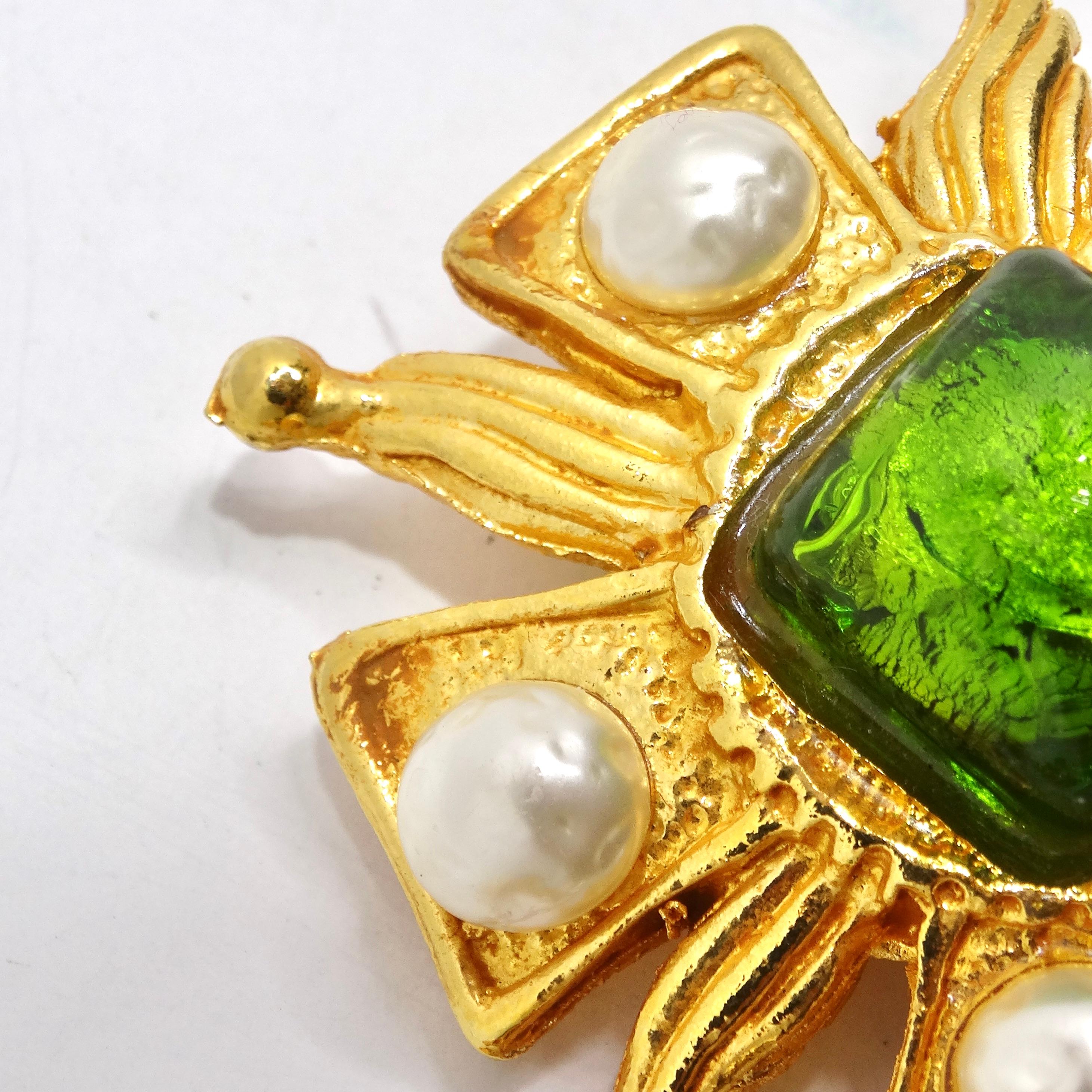 Dominque Aurientis Paris 1980s Gold Plated Green Stone Flower Clip On Earrings For Sale 1