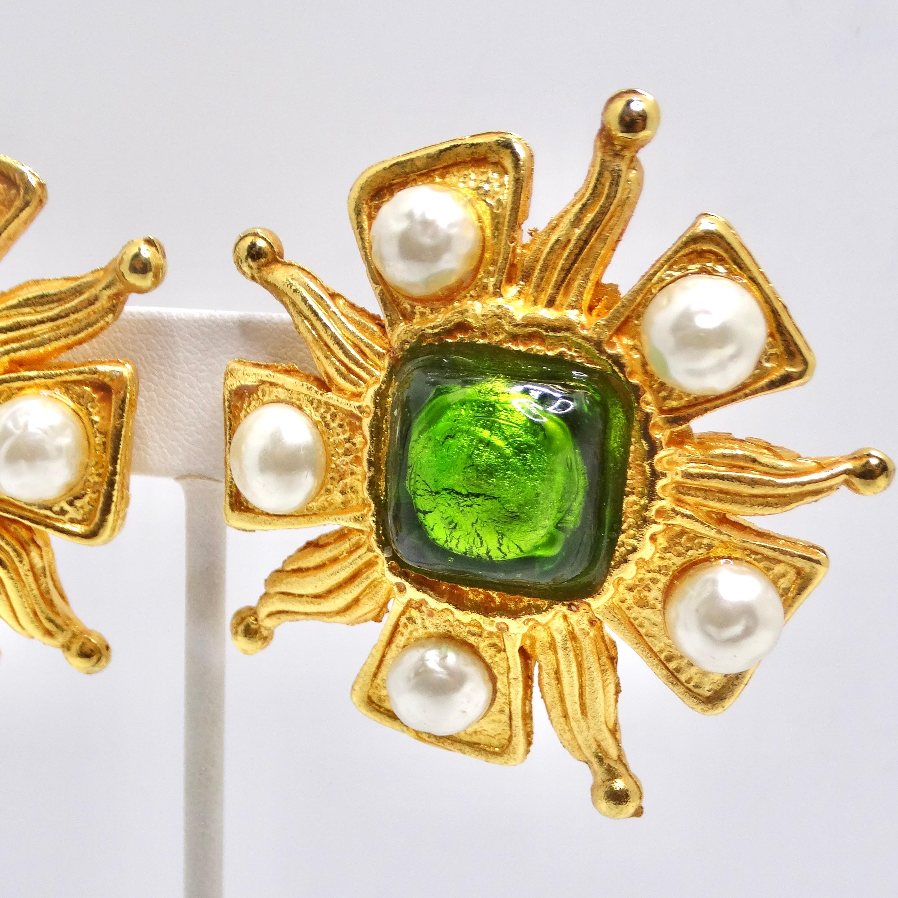 Dominque Aurientis Paris 1980s Gold Plated Green Stone Flower Clip On Earrings For Sale 4