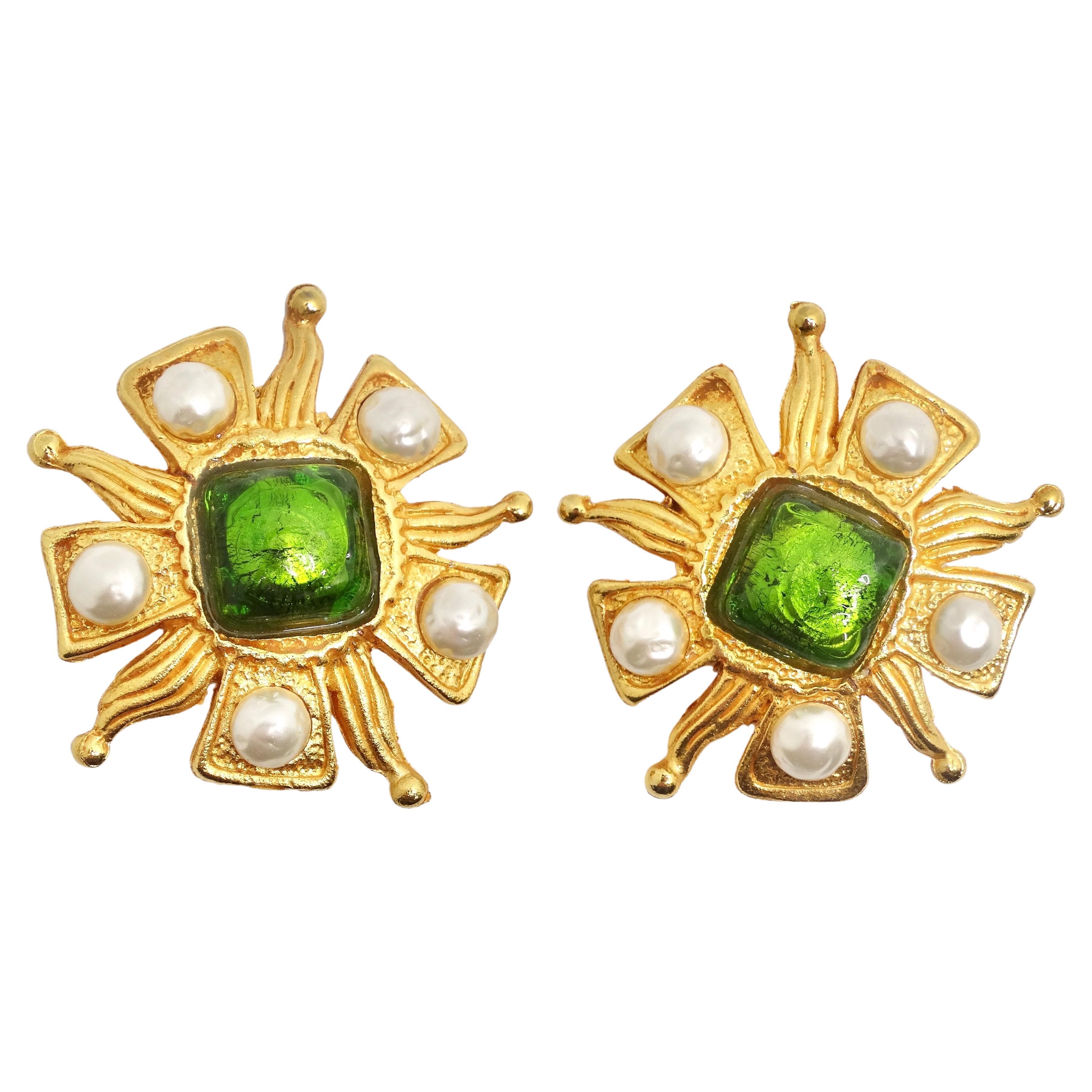 Dominque Aurientis Paris 1980s Gold Plated Green Stone Flower Clip On Earrings For Sale