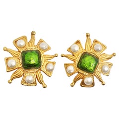 Vintage Dominque Aurientis Paris 1980s Gold Plated Green Stone Flower Clip On Earrings