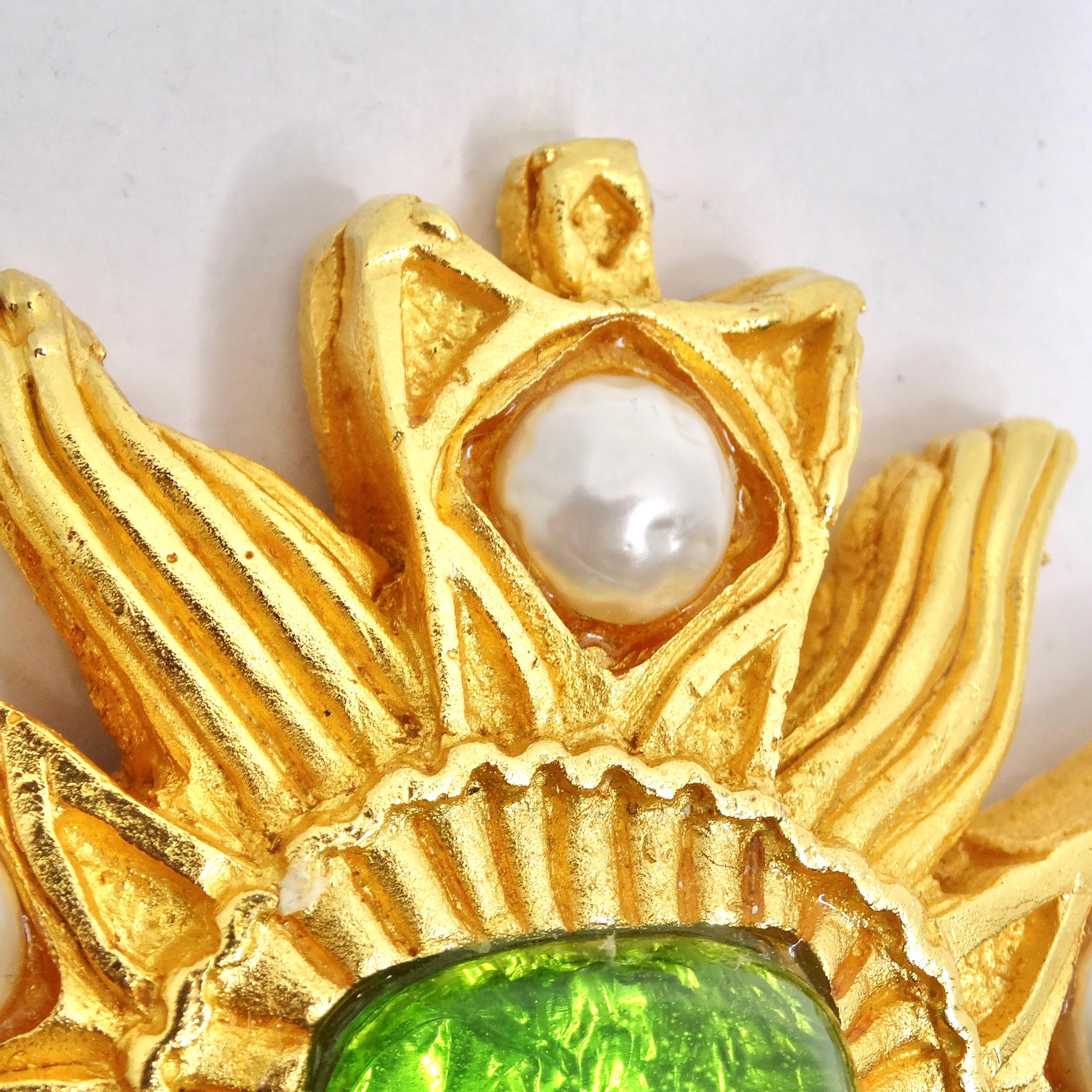 Women's or Men's Dominque Aurientis Paris 1980s Gold Tone Flower Brooch & Earrings Set For Sale