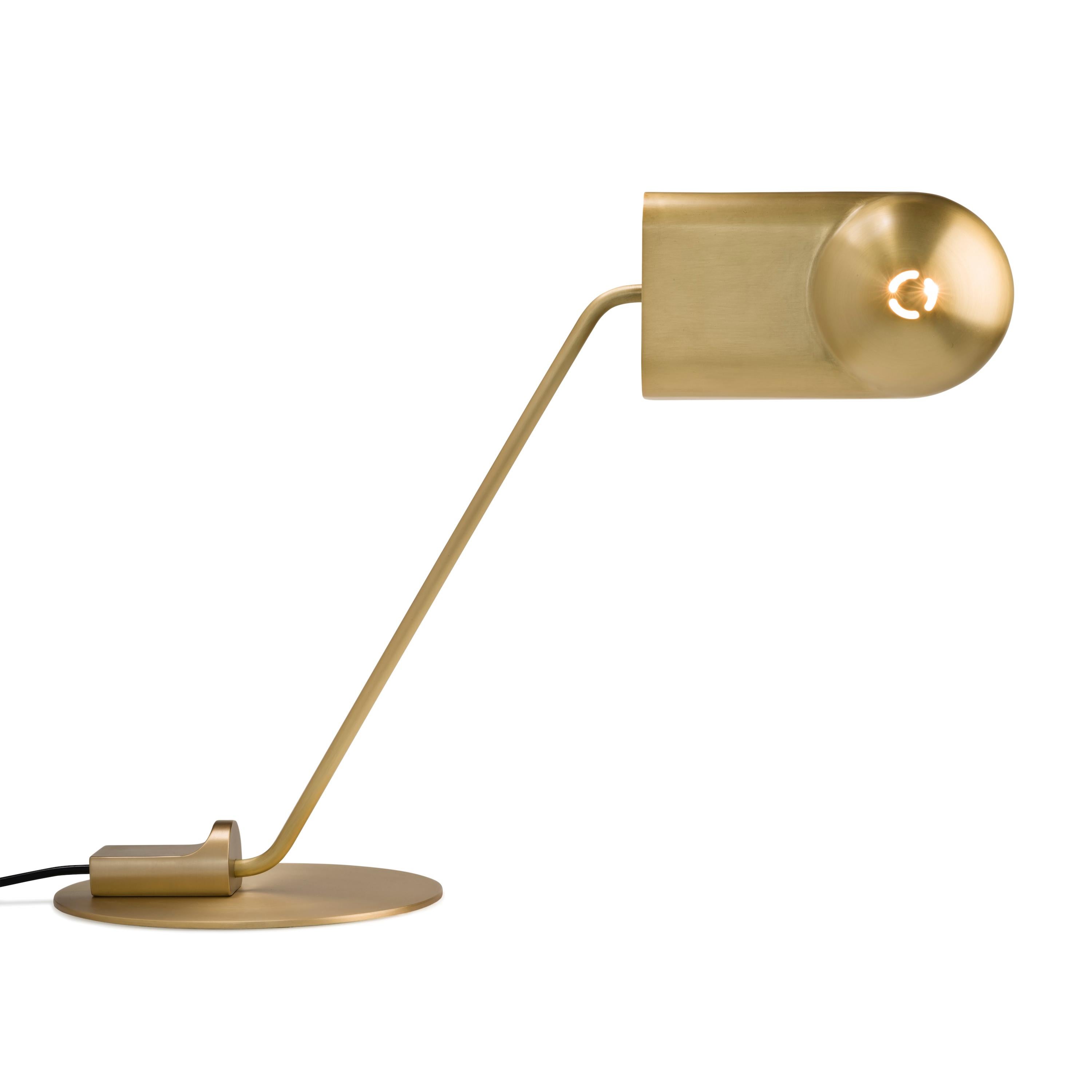 Domo table lamp by Joe Colombo. Current production manufactured by Karakter in Copenhagen, Denmark. Brass, also comes in a black painted aluminum, steel, adjustable shade. The Domo lamp was originally designed by Italian designer Joe Colombo in