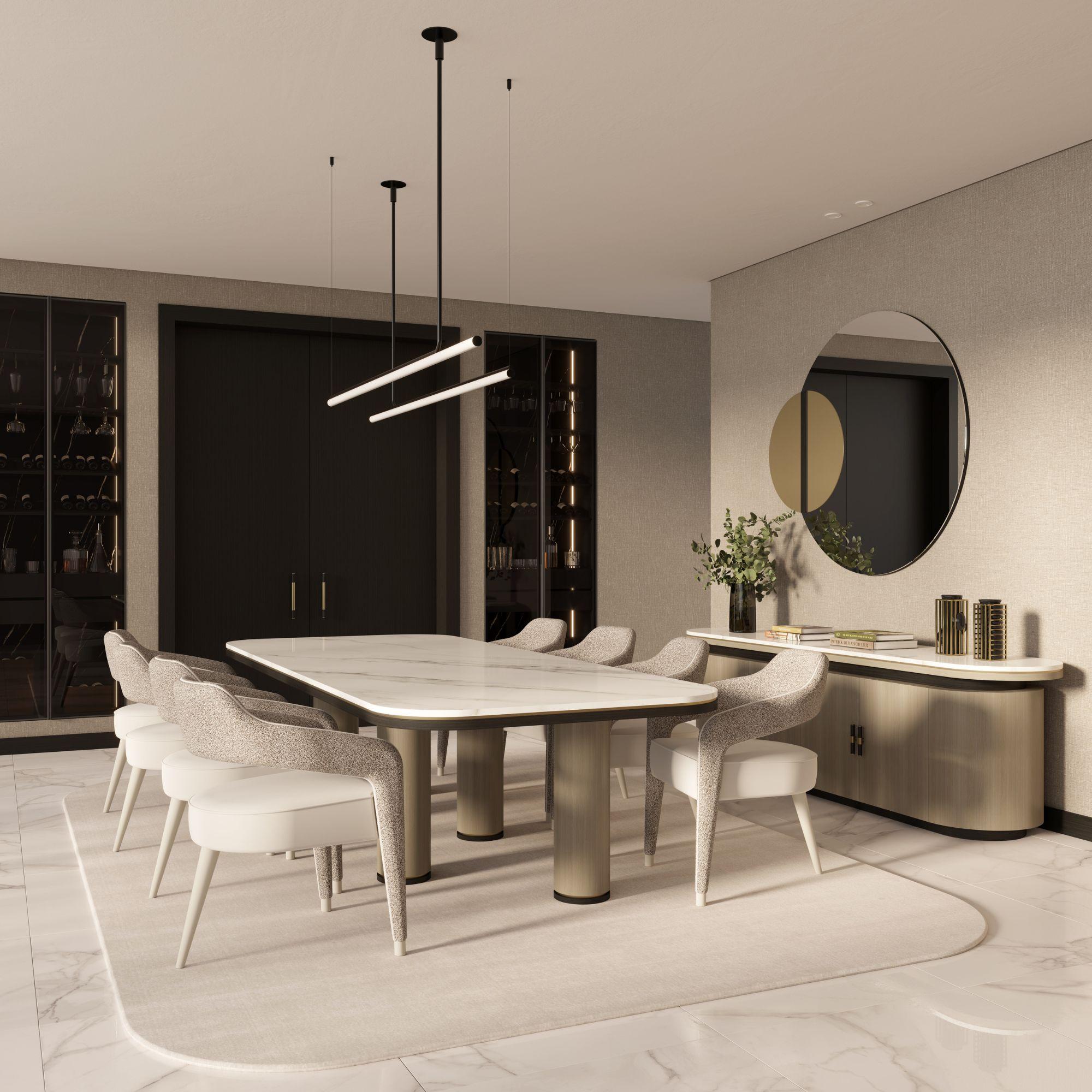 An icon of timeless sophistication.

The Domus table makes a bold statement with its imposing presence. Its five cylindrical legs provide exceptional stability and sculptural appeal. The natural stone tabletop adds texture and elegance, and subtle