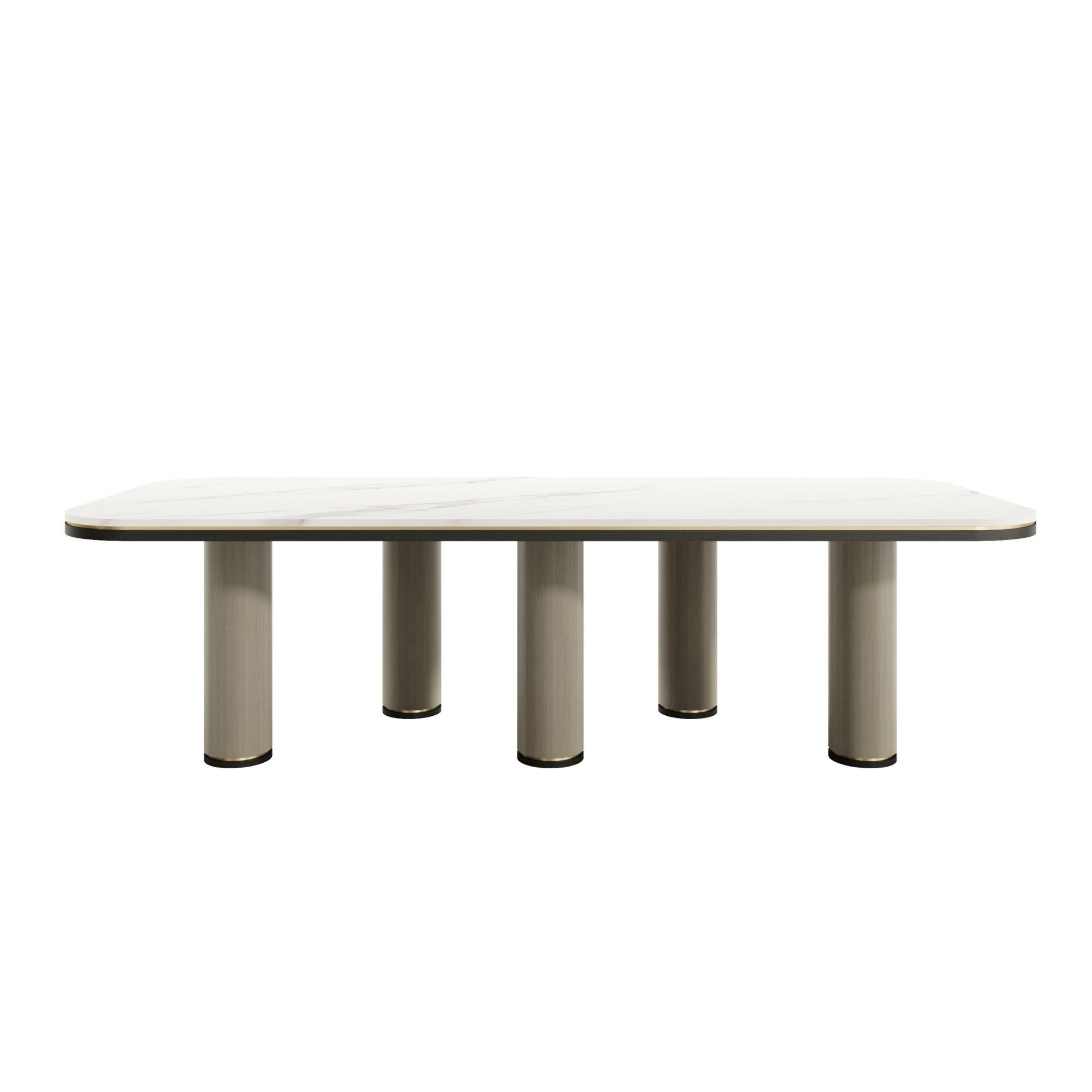 Portuguese DOMUS Dining Table with Natural Stone Top and Antique Brass Details For Sale