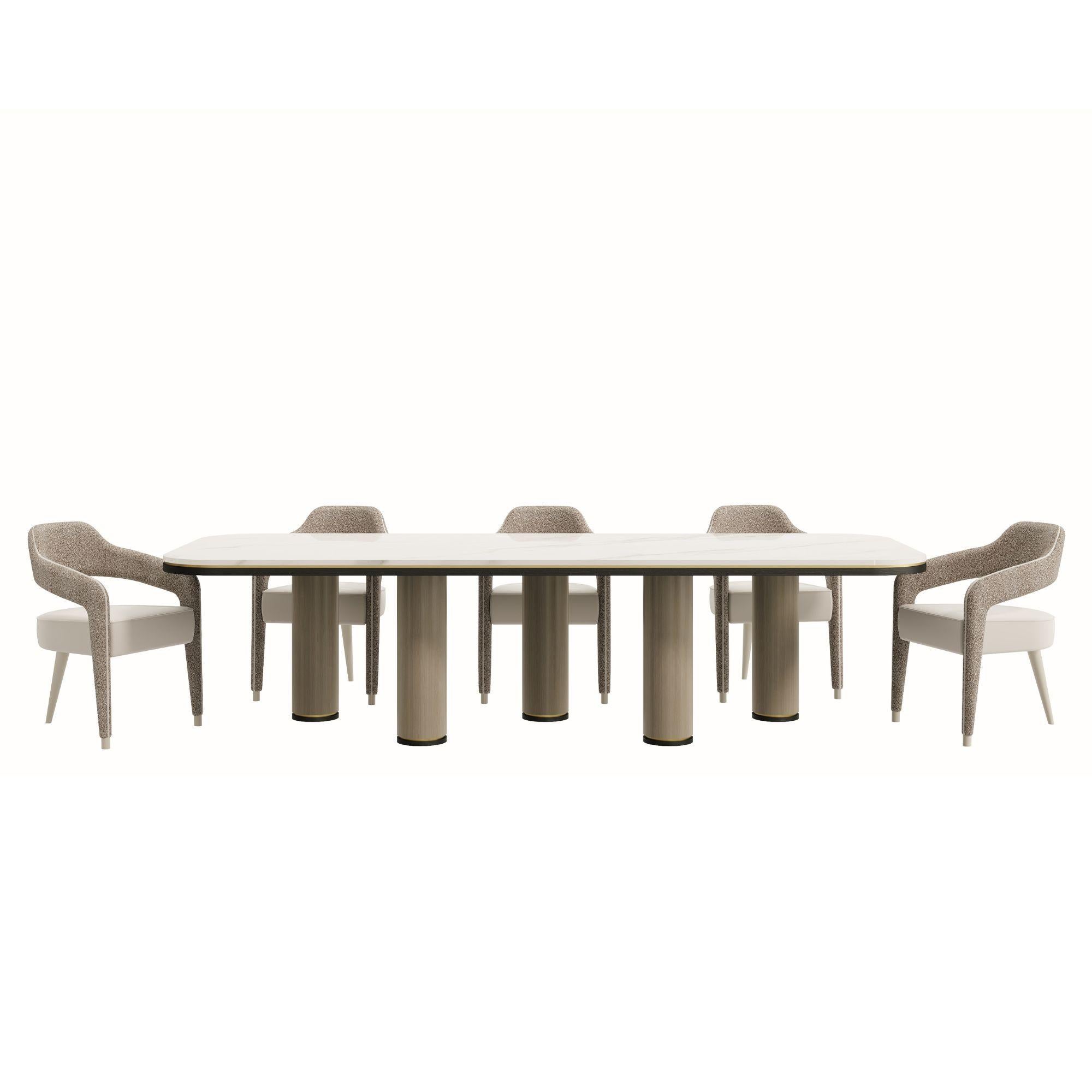 Hand-Crafted DOMUS Dining Table with Natural Stone Top and Antique Brass Details For Sale