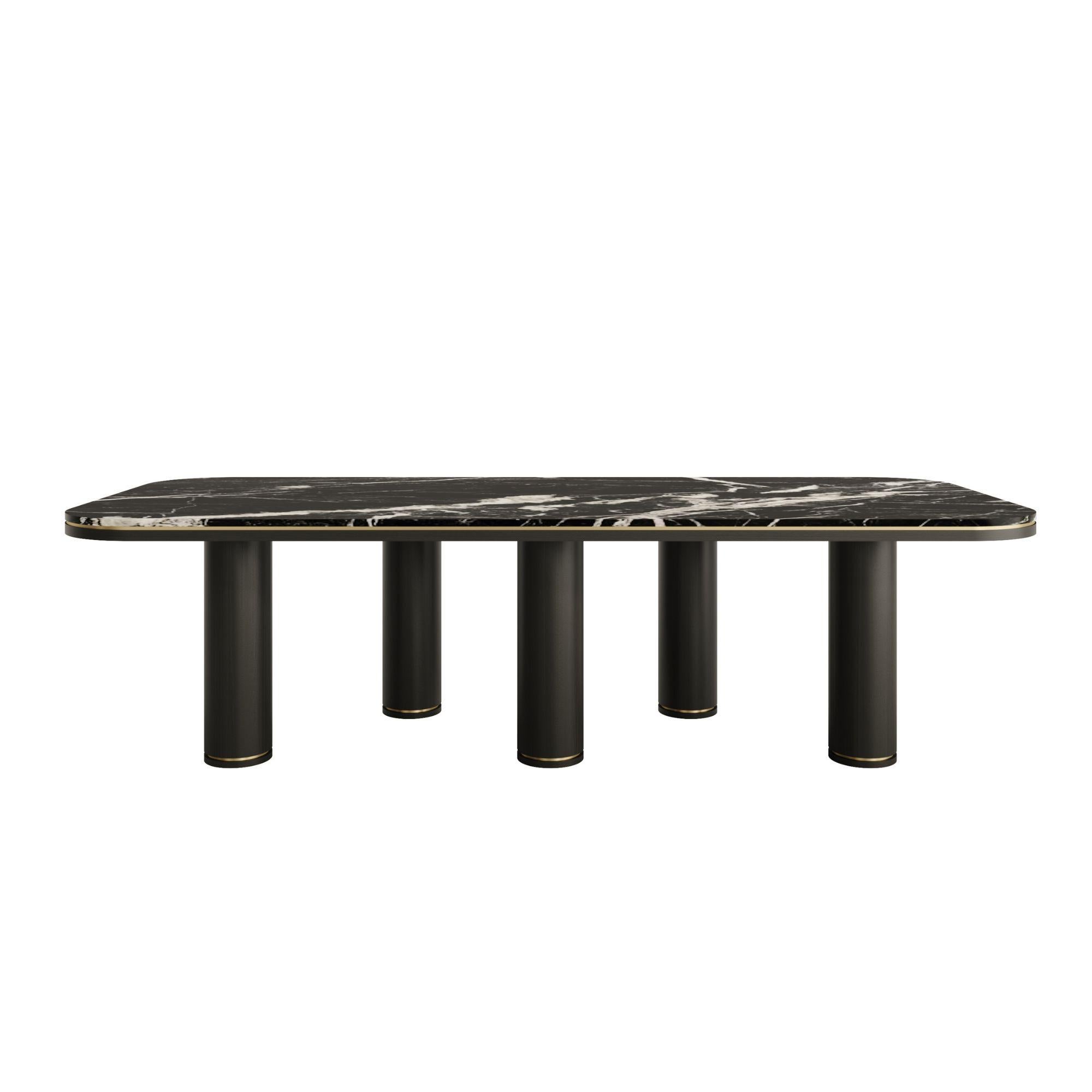 Contemporary DOMUS Dining Table with Natural Stone Top and Antique Brass Details For Sale