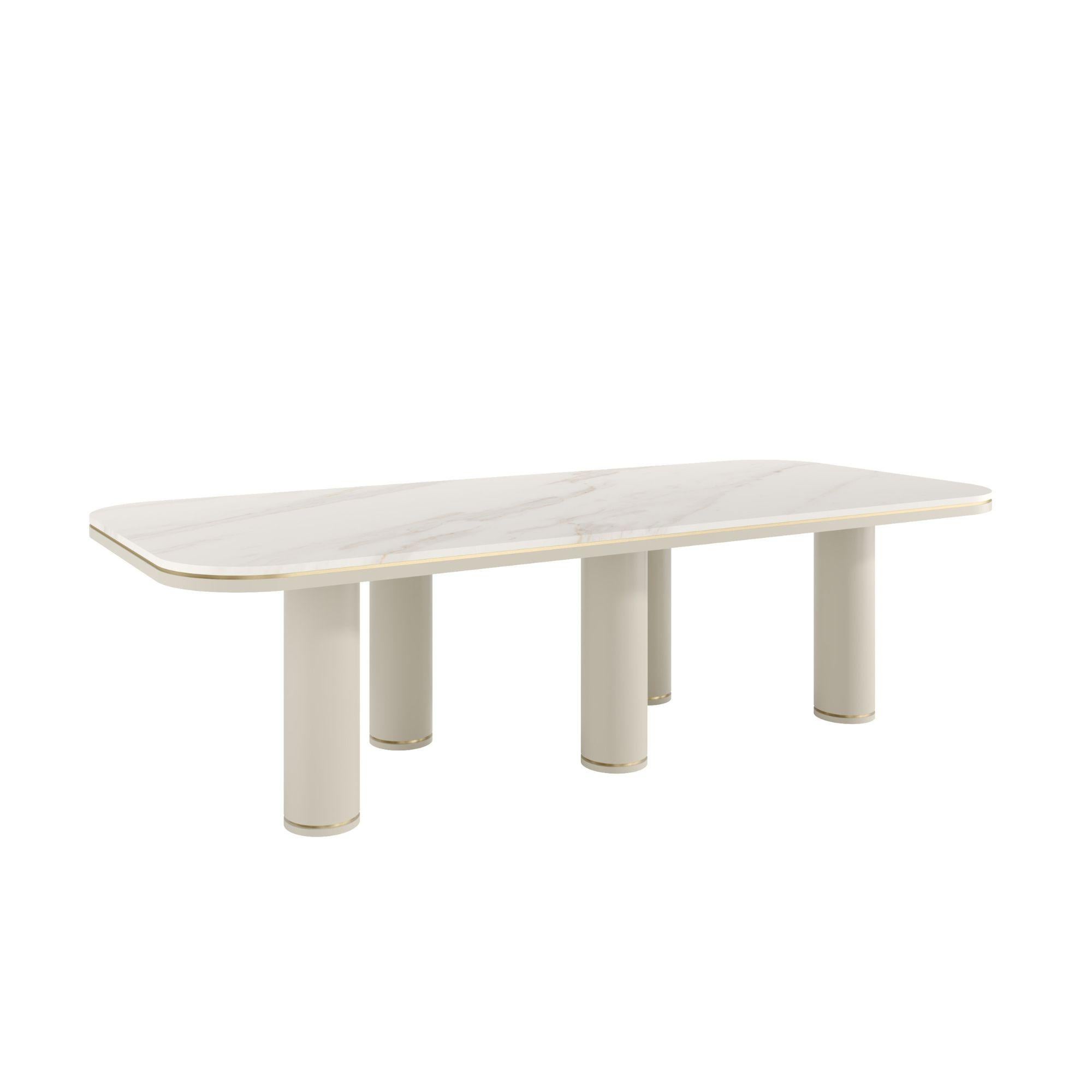 DOMUS Dining Table with Natural Stone Top and Antique Brass Details For Sale 1