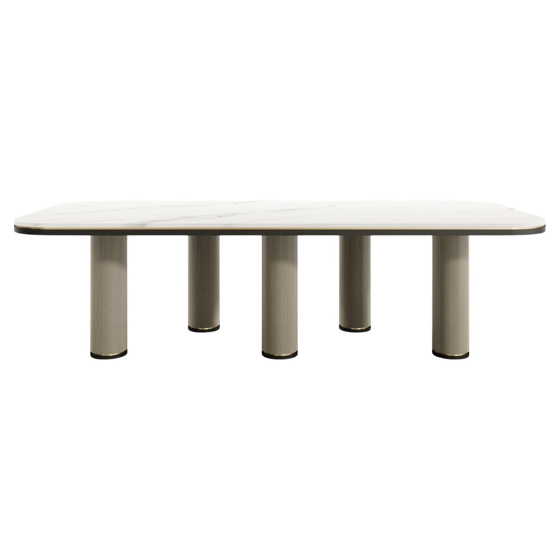 DOMUS Dining Table with Natural Stone Top and Antique Brass Details For Sale