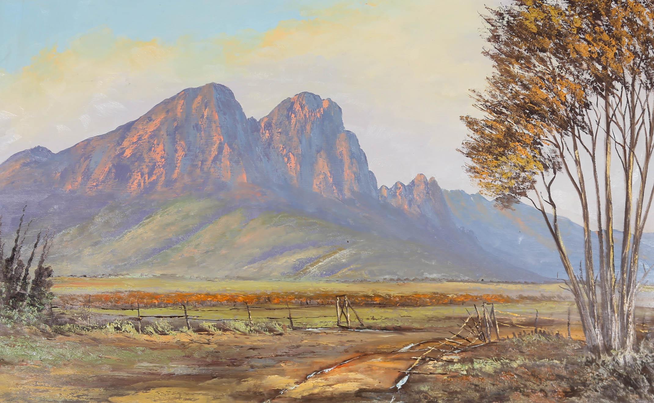 A striking oil on board by Don Benzien, depicting a scenic view of the the Drakensberg mountain range- one of South Africa’s most impressive geological features. Benzien has managed to capture this spectacular evening landscape in beautiful low