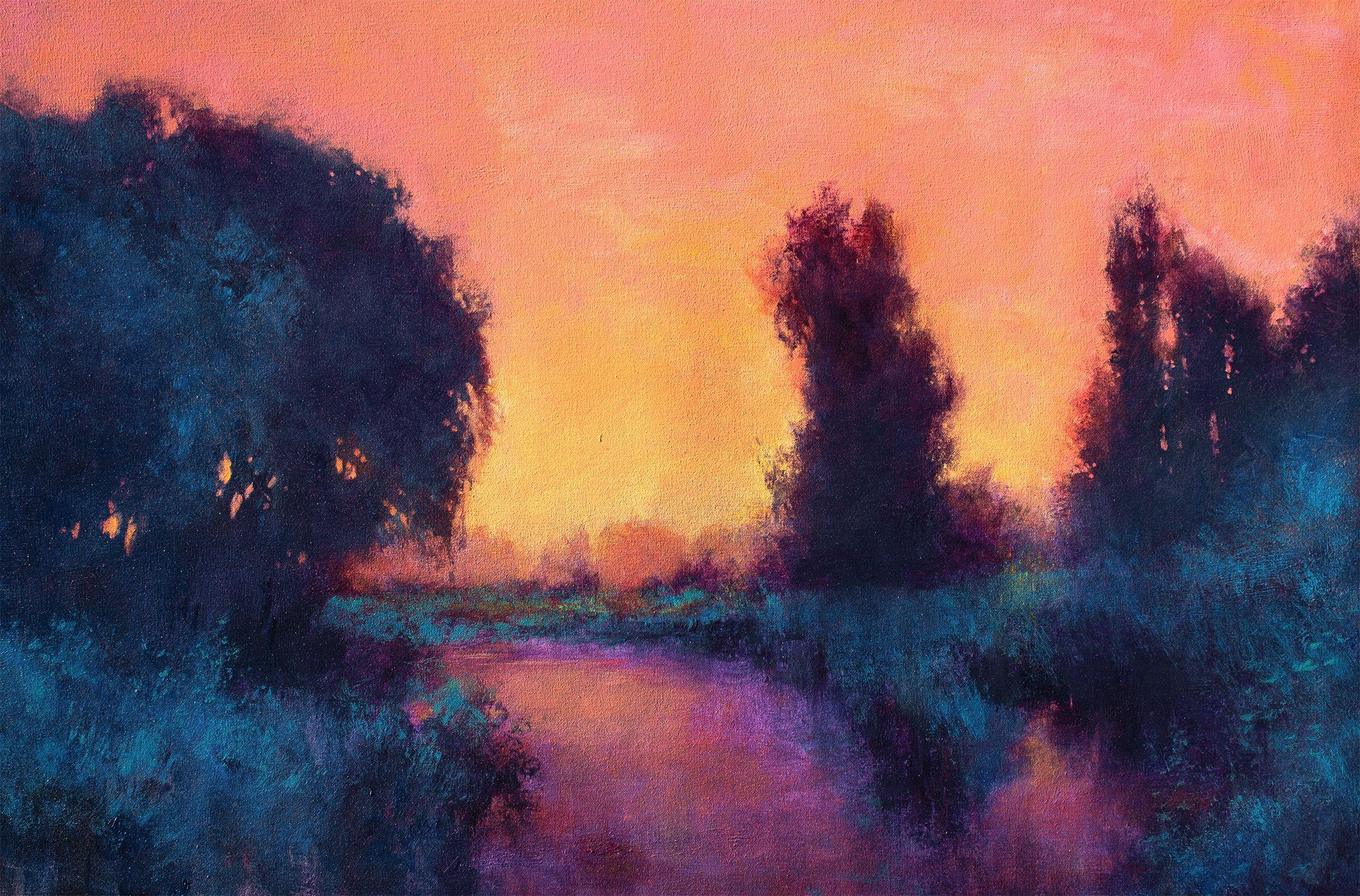 Evening Colors 220120 is a modern impressionist landscape painting created with palette knives and non traditional tools. This painting has nice rich jewel tones and glowing light.    This 24x36 inch painting is on gallery wrapped canvas.  Ships