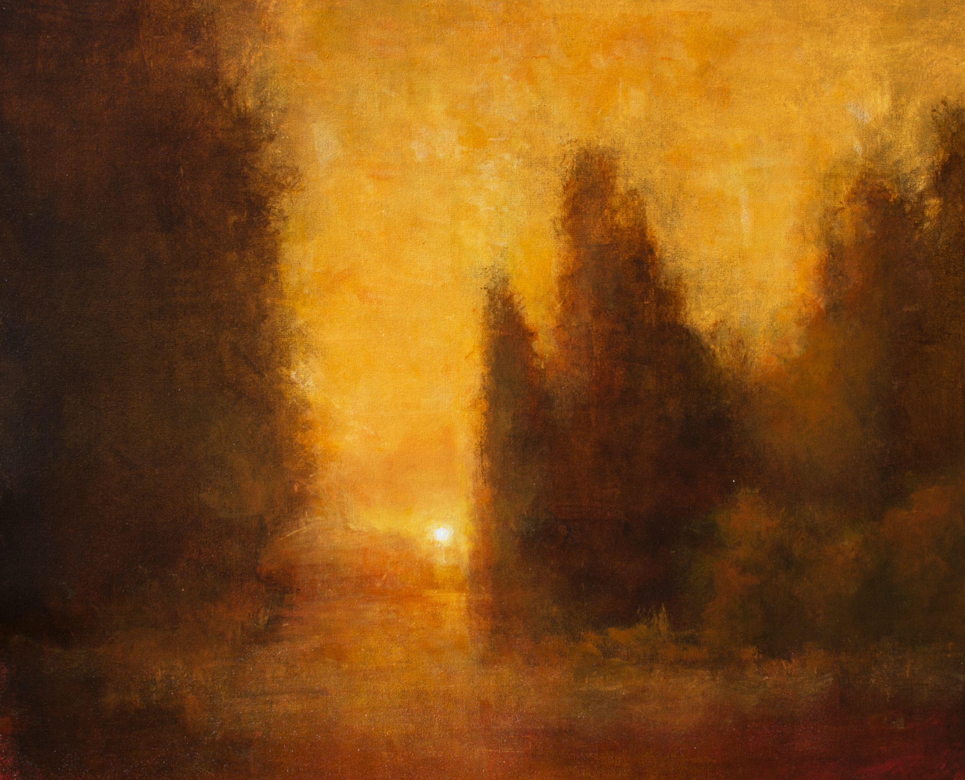 Glowing Sunset  Tonal impressionist landscape painting.    Acrylics on gallery wrapped canvas, 24x30 inches  Ready To Hang    Glowing Sunset was created using thin layers of transparent glazing to create the rich soft light of a misty evening. This