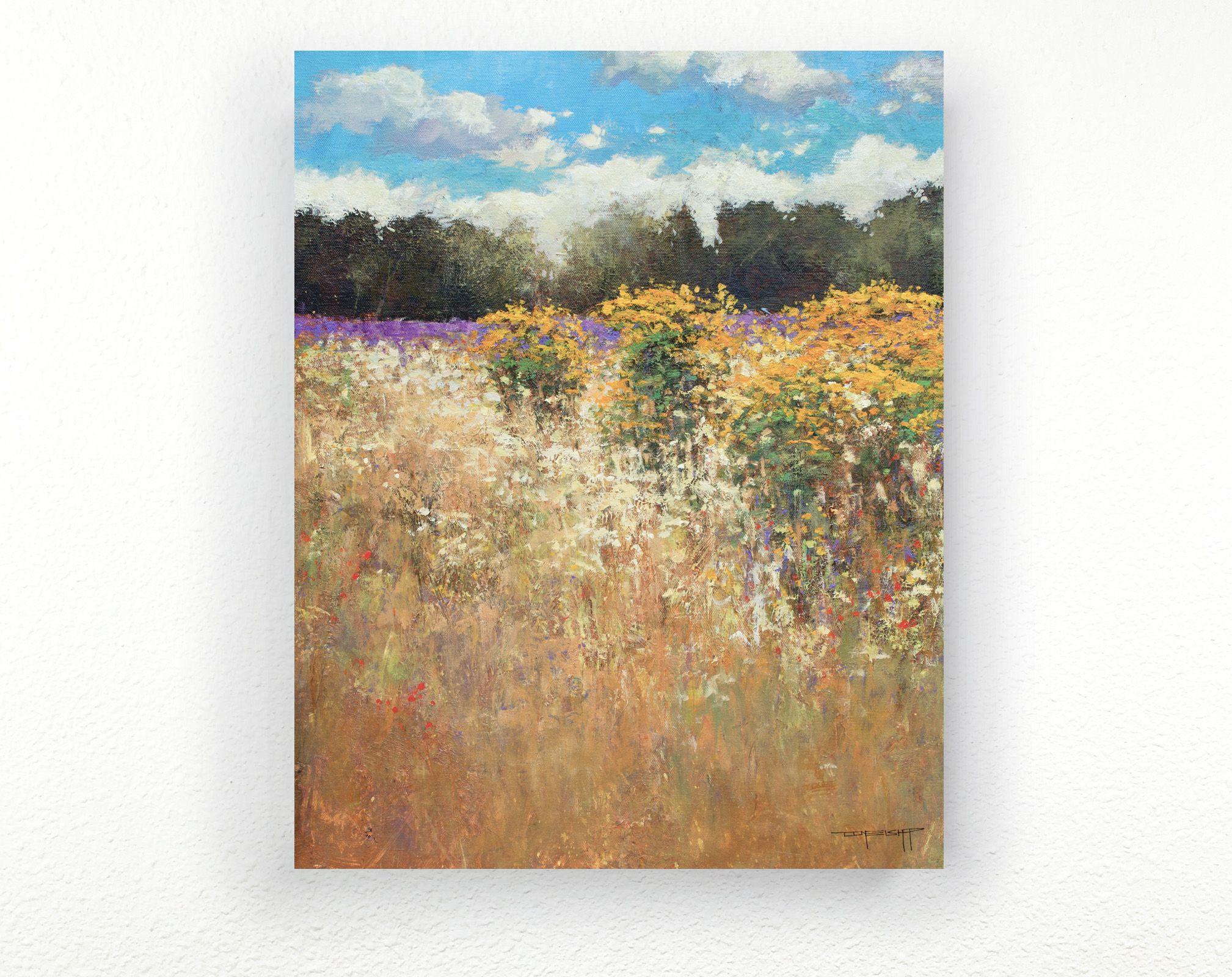 Gold And Lavender 190628  Acrylics on canvas 18x24 inches  Ready to hang, gallery wrapped canvas.    Gold And Lavender 190628 is a bright colorful impressionist landscape painting.    Painted in acrylics, this impasto painting is 18x24 inches with