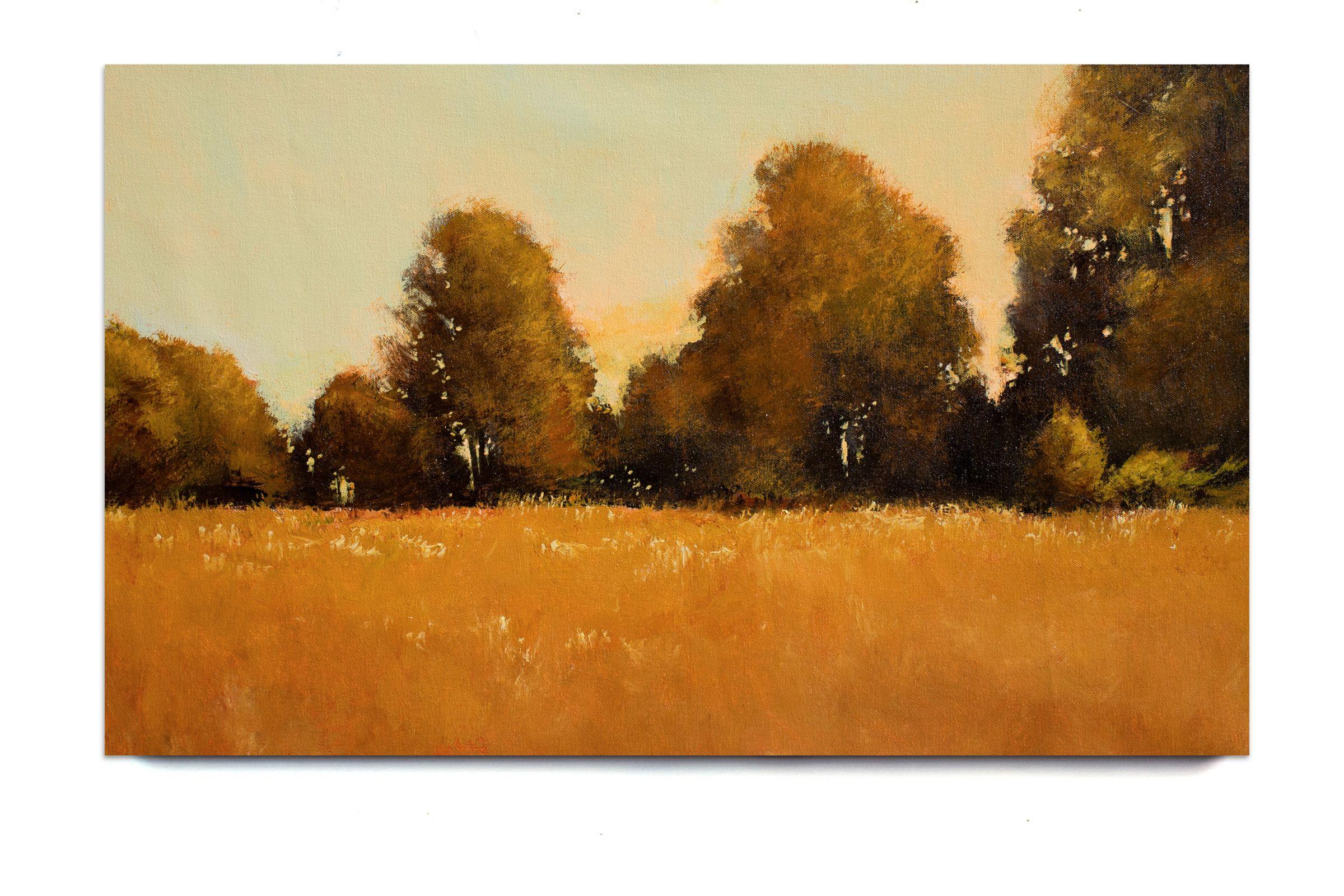 Golden Field Tree Line 6.19 is an impressionist modern landscape painted in acrylics with palette knives, brushes and non traditional tools. This piece has rich tonal colors, nice paint texture with beautiful light and atmosphere. This piece is