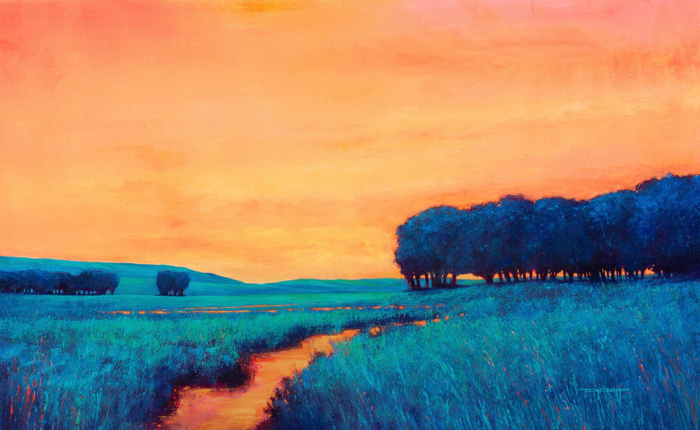 Orange Sunset 221104  Modern jewel tones landscape painting.  24x36 inches.  Orange Sunset 221104 is a modern impressionist landscape painting created with palette knives and non traditional tools. This painting has nice rich jewel tones and glowing