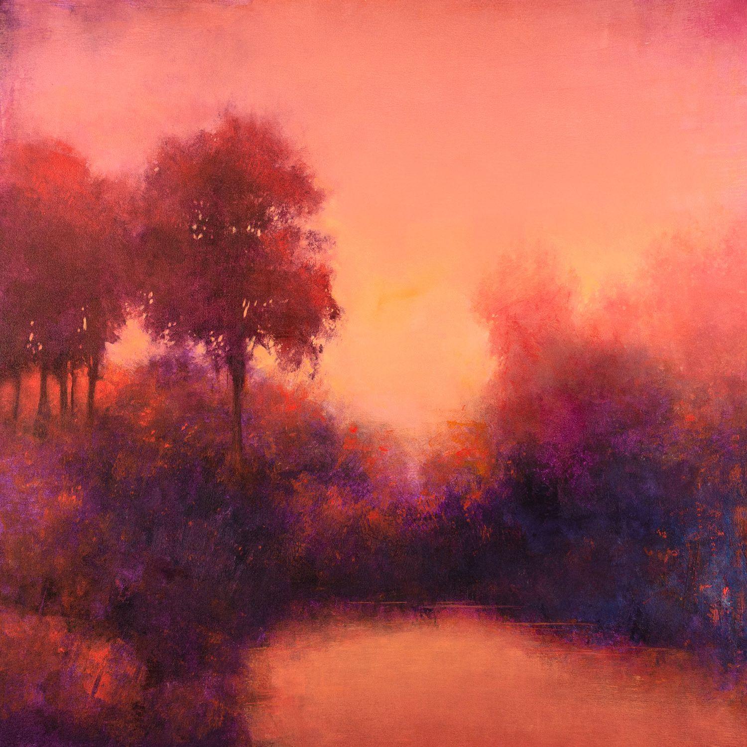 Pink Sunset 221009 Modern jewel tones landscape painting. 24x36 inches. Pink Sunset 221009 is a modern impressionist landscape painting created with palette knives and non traditional tools. This painting has nice rich jewel tones and glowing light.