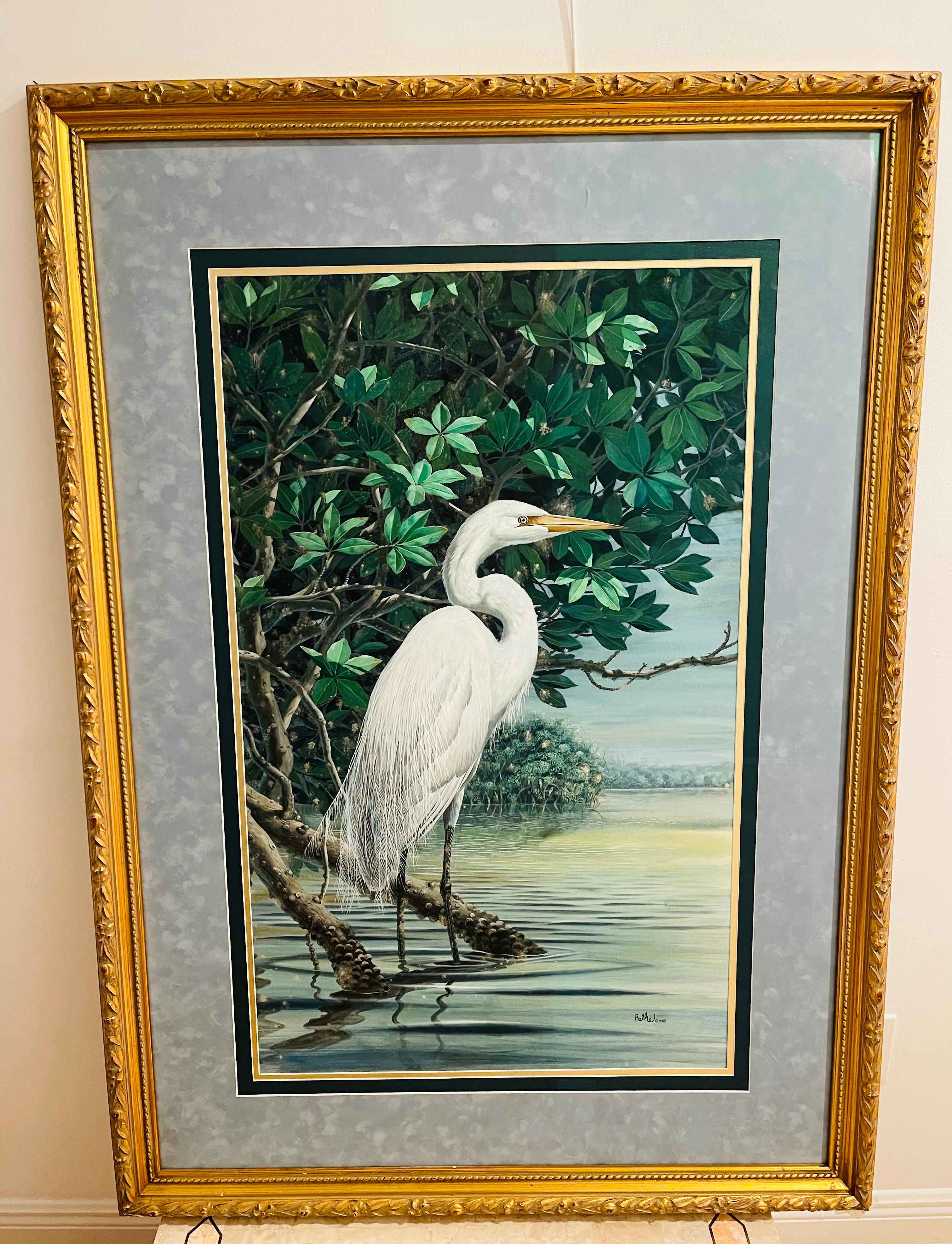 Quadro di grandi dimensioni di Don Balke, pittore naturalista del 1980, raffigurante un airone in un paesaggio tropicale. 36
