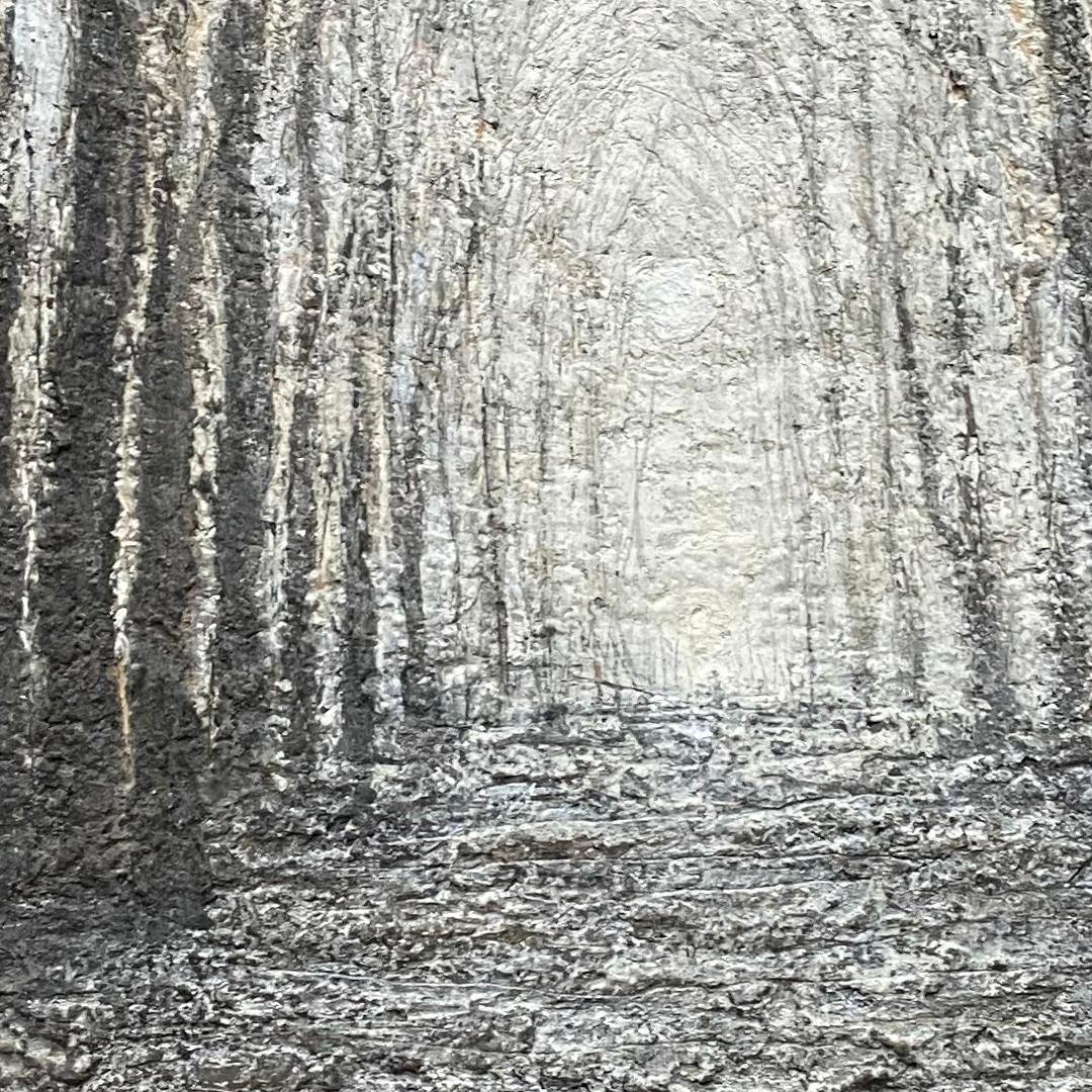 Minimalist, abstract landscape painting of black and gray trees in a white forest
