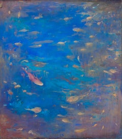 Nocturnal Pool (Large Abstracted Landscape Painting of Gold Fish in Azure Blue)