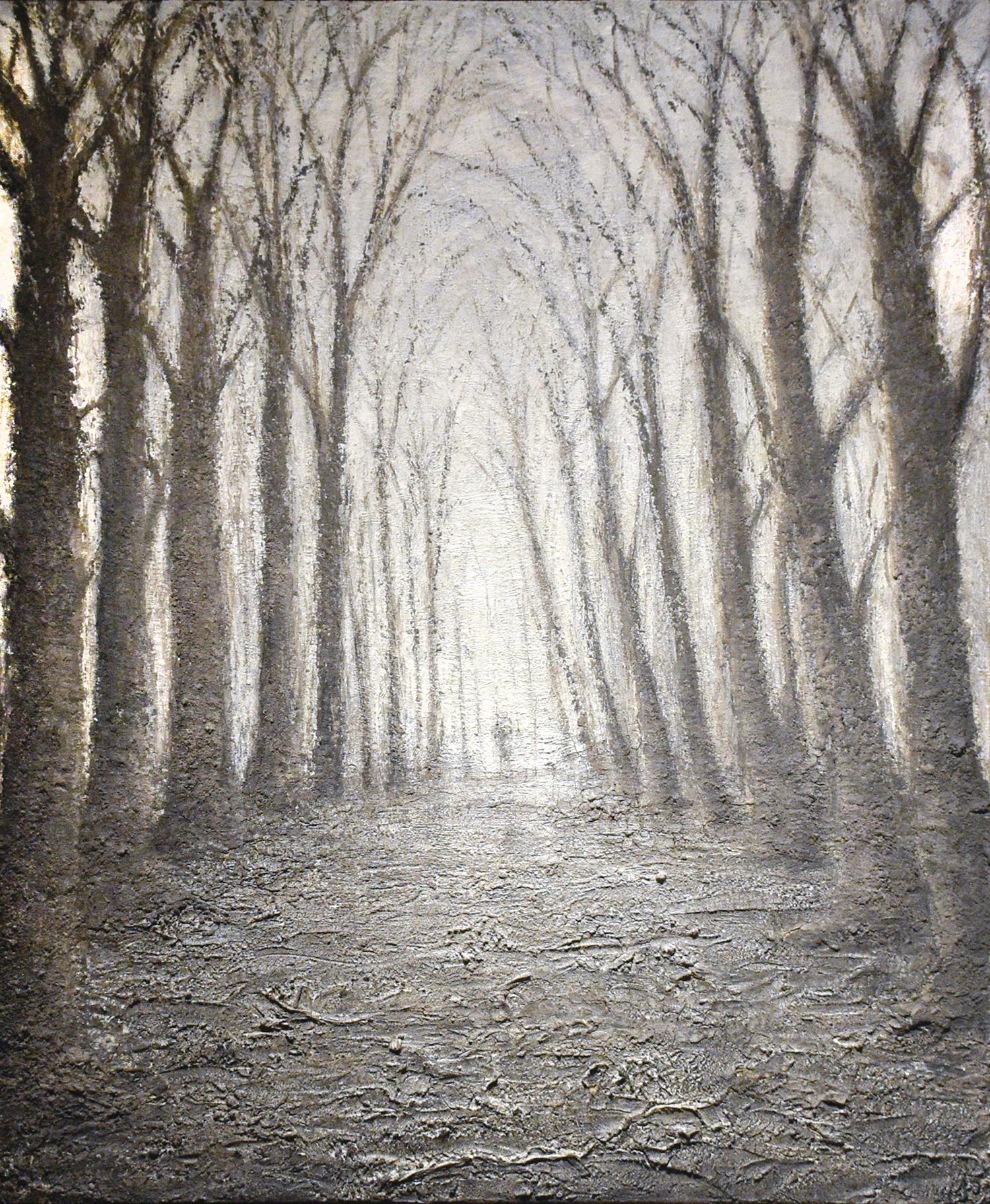 Don Bracken Abstract Painting - Out of the Ashes (Abstract Landscape Painting of Black & Grey Trees on White)