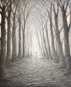 Out of the Ashes (Abstract Landscape Painting of Black & Grey Trees on White)