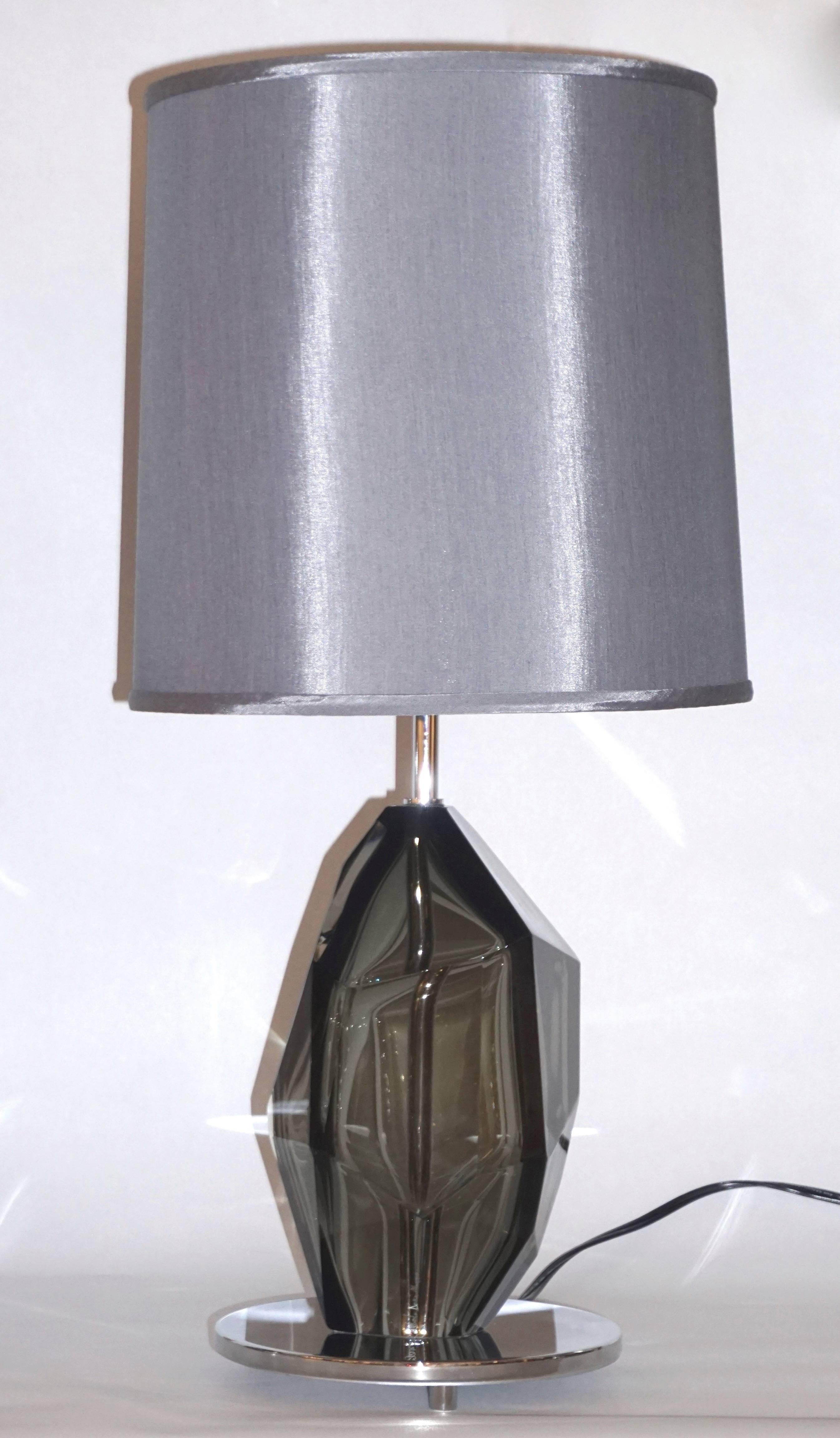 Blown Glass Donà Contemporary Italian Pair of Faceted Solid Rock Smoked Murano Glass Lamps