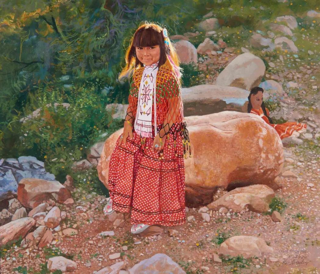 Landscape Painting Don Crowley - "APRÈS L'ÉCLAT  GIRL AMÉRICAINE NATIVE W/DOLL (1926-2019) Arizona / Californie 