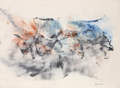 Vintage Blue and Orange Abstract Expressionist Watercolor, 1971, Don Fink