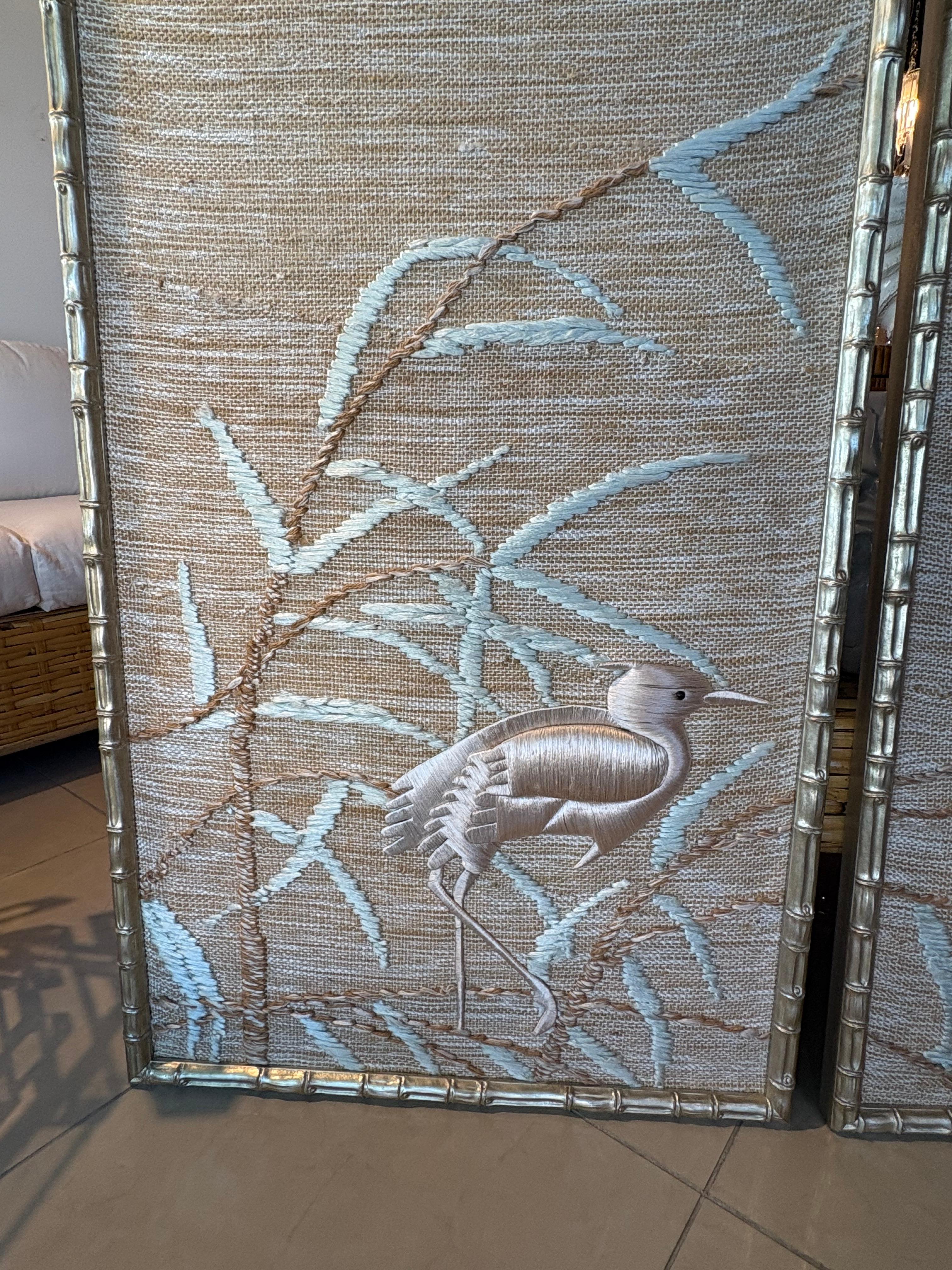 Don Freedman Pair Wall Tapestry Framed Bamboo Woven Textile Silk Art Pink Birds For Sale 9