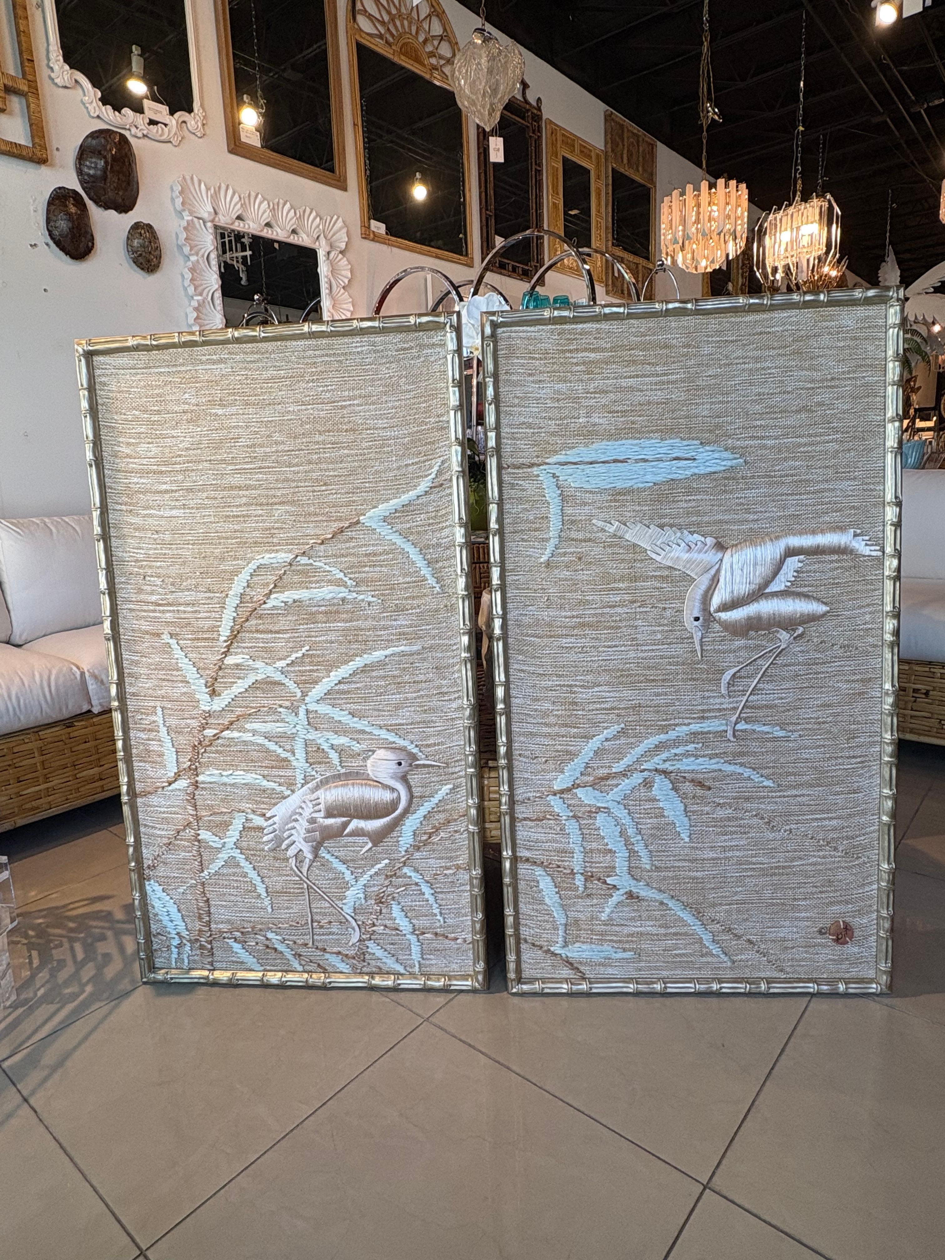 Don Freedman Pair Wall Tapestry Framed Bamboo Woven Textile Silk Art Pink Birds For Sale 10