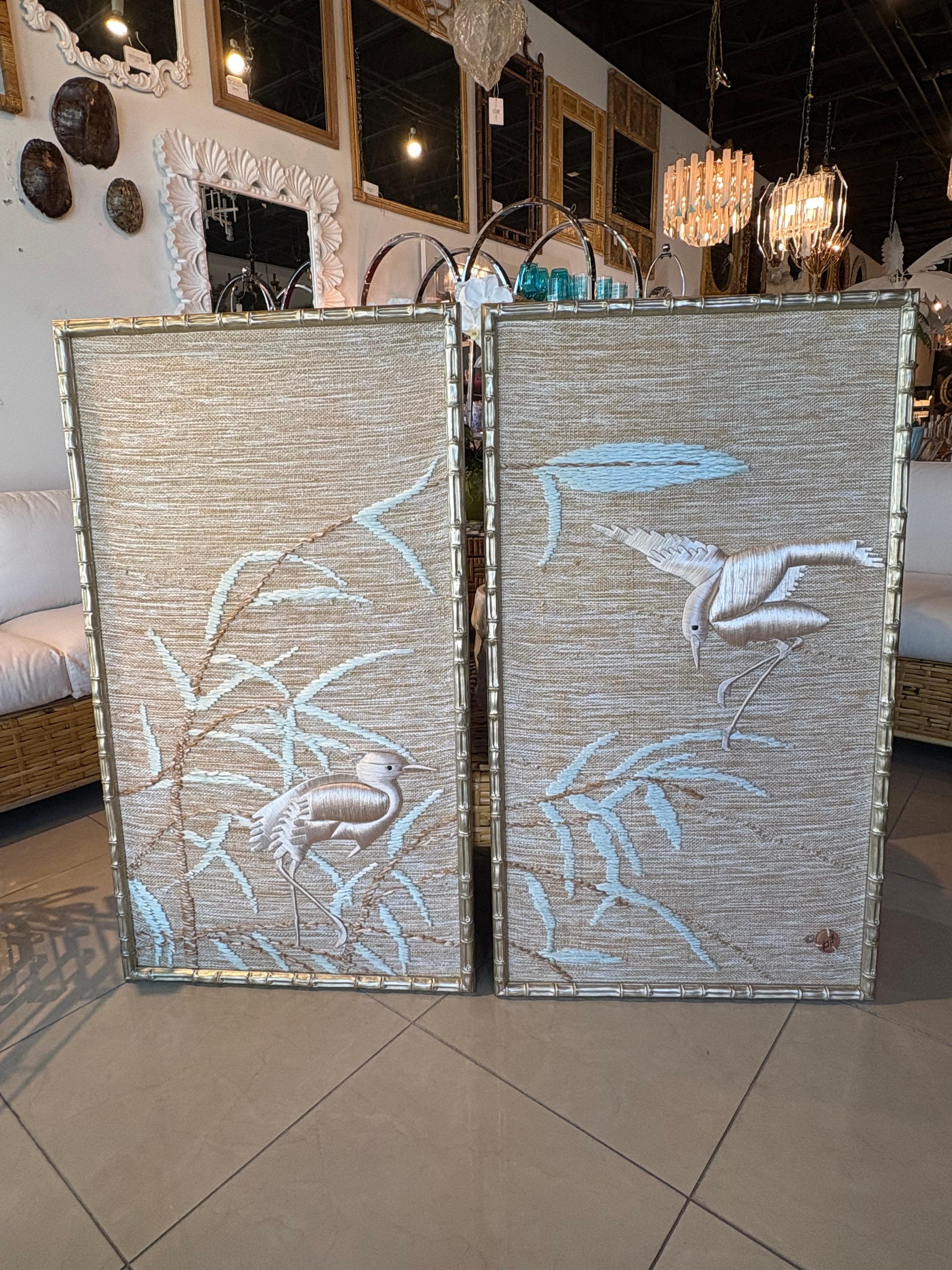 Don Freedman Pair Wall Tapestry Framed Bamboo Woven Textile Silk Art Pink Birds For Sale 11