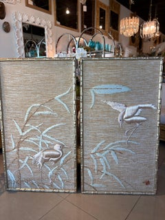 Don Freedman Par Tapiz de Pared Enmarcado Bambú Tejido Arte Textil de Seda Pájaros Rosas