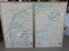 Don Freedman Pair Wall Tapestry Framed Bamboo Woven Textile Silk Art Birds