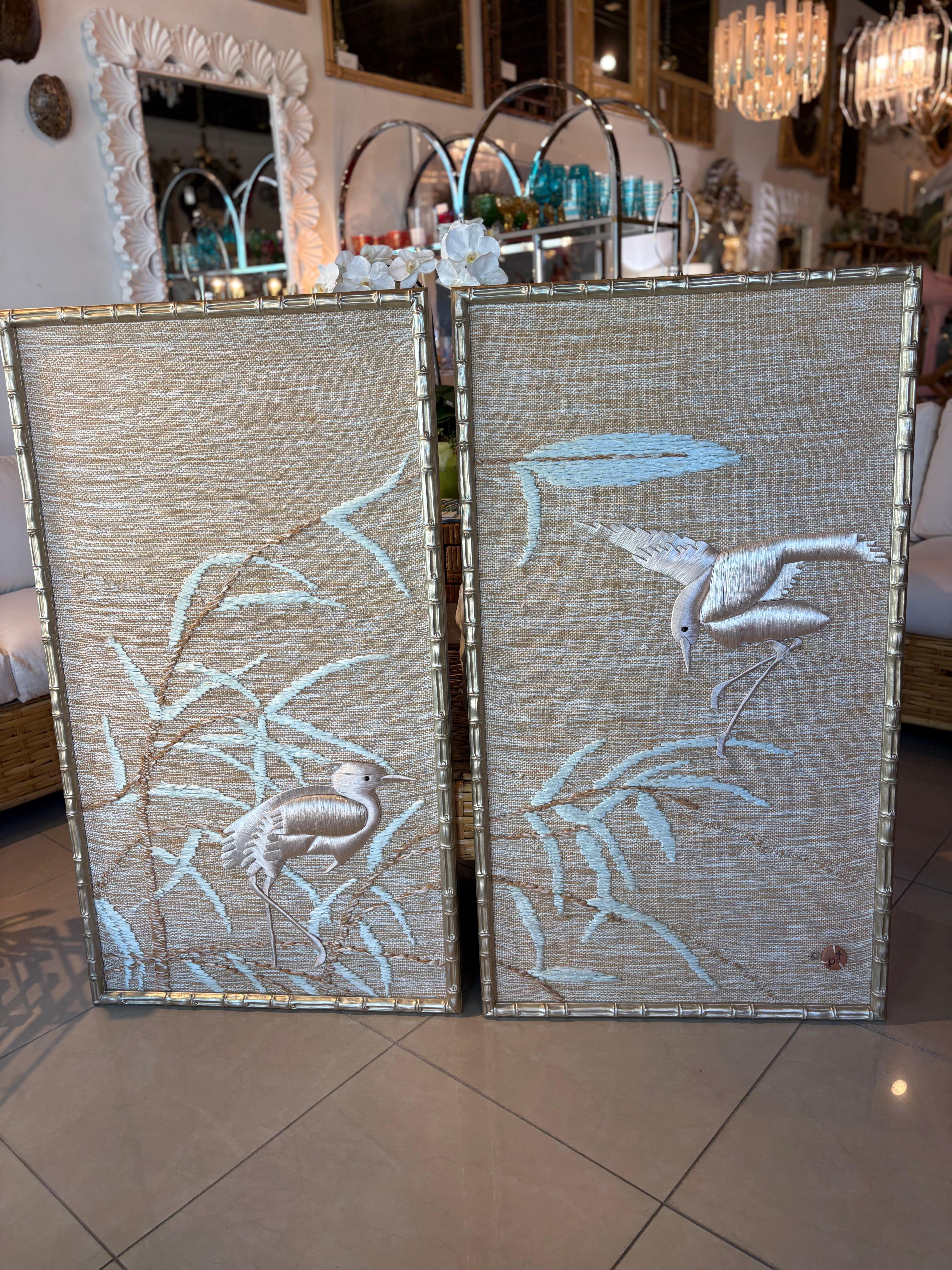 American Don Freedman Pair Wall Tapestry Framed Bamboo Woven Textile Silk Art Pink Birds For Sale