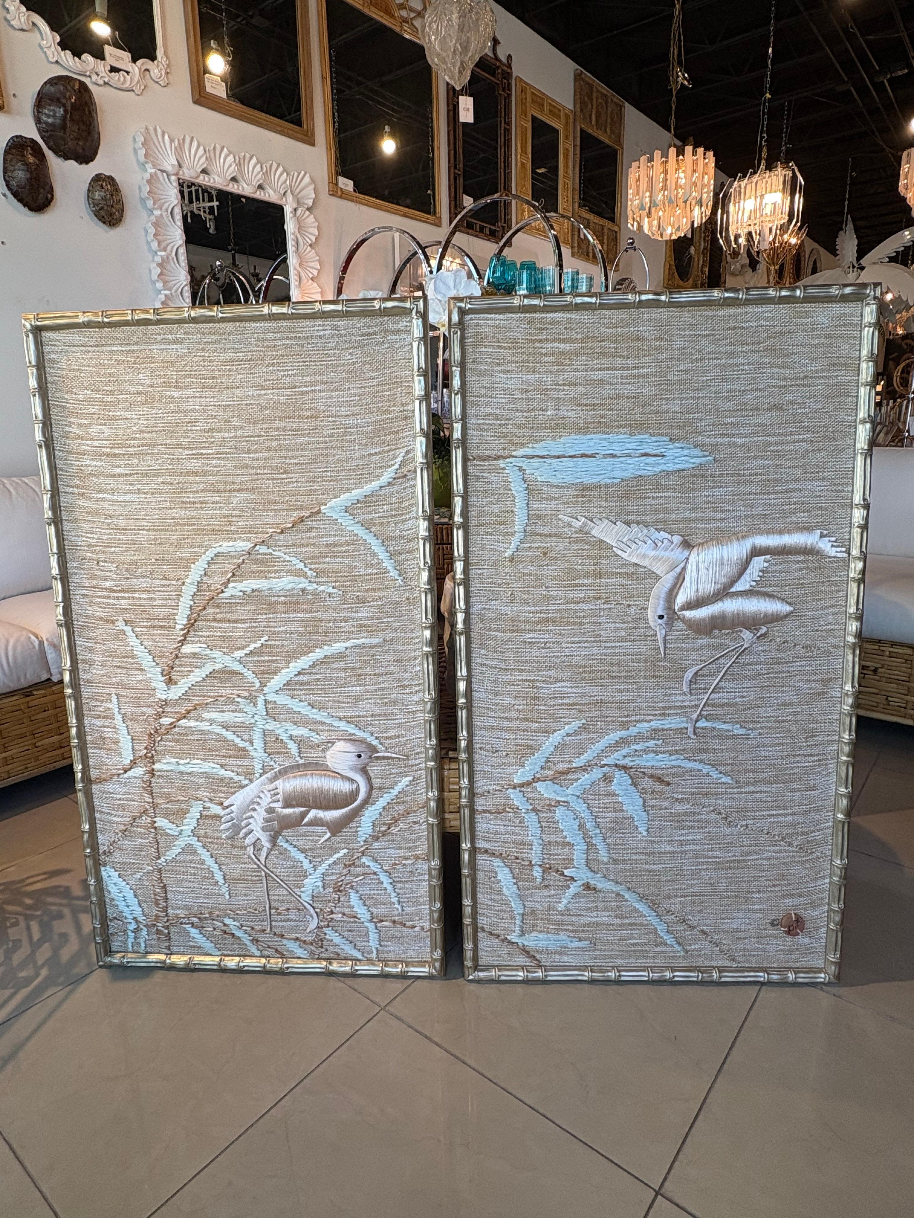 Don Freedman Pair Wall Tapestry Framed Bamboo Woven Textile Silk Art Pink Birds In Good Condition For Sale In West Palm Beach, FL