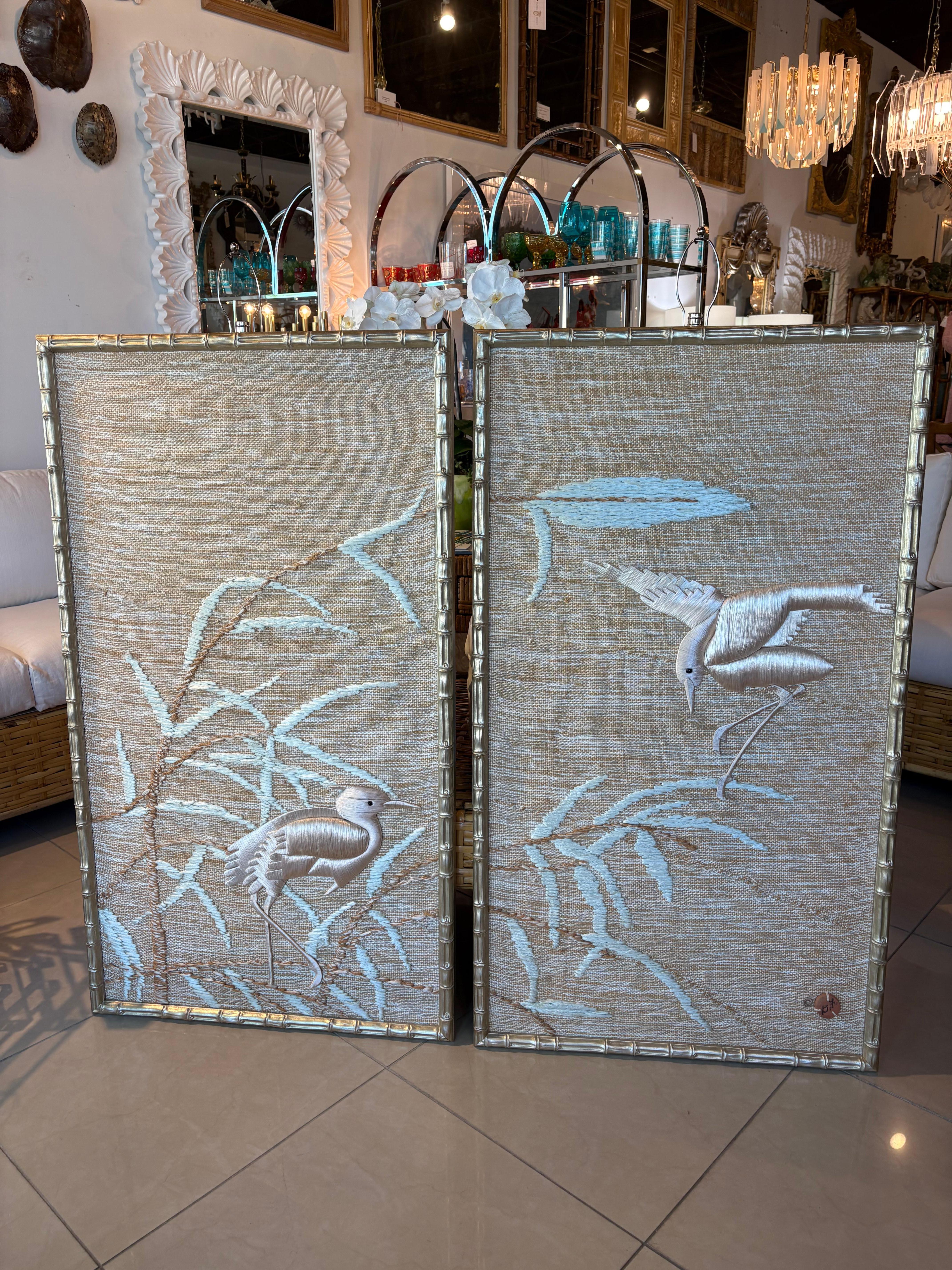 Late 20th Century Don Freedman Pair Wall Tapestry Framed Bamboo Woven Textile Silk Art Pink Birds For Sale
