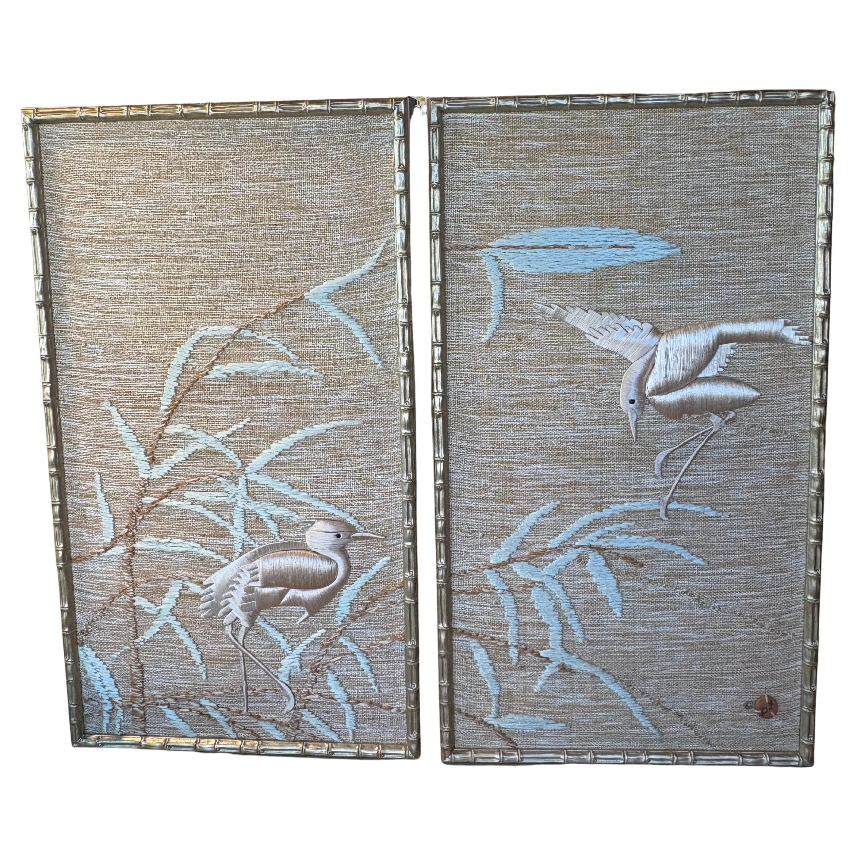 Don Freedman Pair Wall Tapestry Framed Bamboo Woven Textile Silk Art Pink Birds For Sale