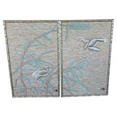 Don Freedman Pair Wall Tapestry Framed Bamboo Woven Textile Silk Art Birds