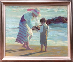 Madre e hijo en la playa" de Don Hatfield - Impresionismo americano vívido