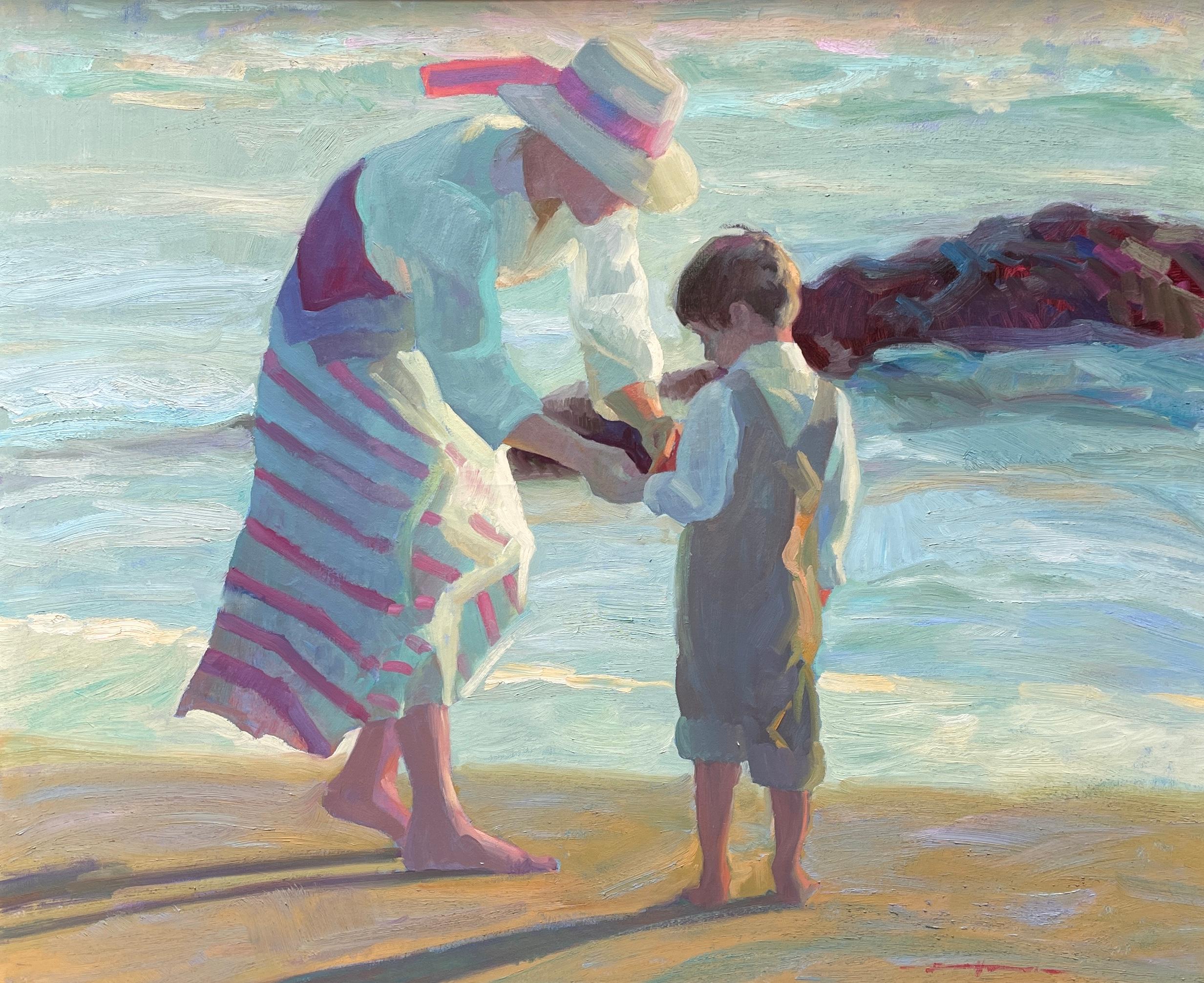 Madre e hijo en la playa" de Don Hatfield es un encantador ejemplo del Impresionismo Americano, en el que destacan sus característicos colores suaves y vibrantes y sus pinceladas fluidas. Este óleo enmarcado de 35" x 43" capta un tierno momento