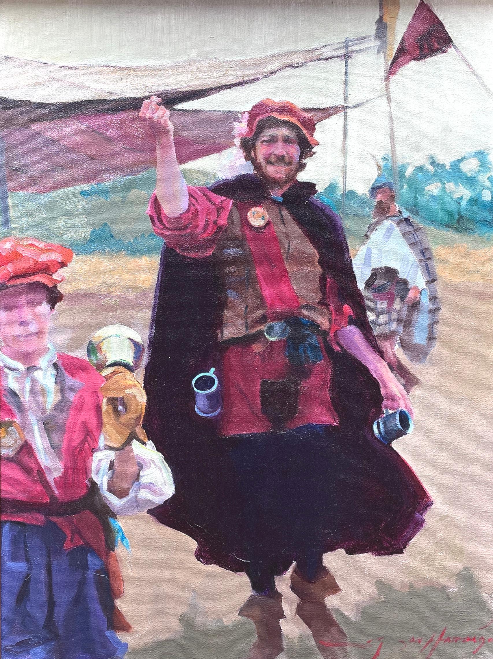 La "Feria del Renacimiento" de Don Hatfield es un vibrante ejemplo del Impresionismo Americano, que muestra su habilidad para captar escenas llenas de vida con ricos colores y pinceladas fluidas. Este óleo enmarcado de 23" x 17" representa un