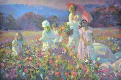 "Parasoles y flores silvestres" Gran serigrafía original en color