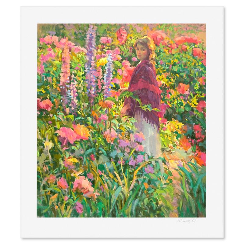 "Private Garden" is a limited edition printer's proof on paper by Don Hatfield, numbered and hand signed by the artist. Includes Letter of Authenticity. Measures approx. 33.5" x 29" (border), 28" x 24" (image).