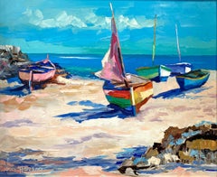 "Barche sulla spiaggia" Pittura ad olio impressionista americana su tela con cornice
