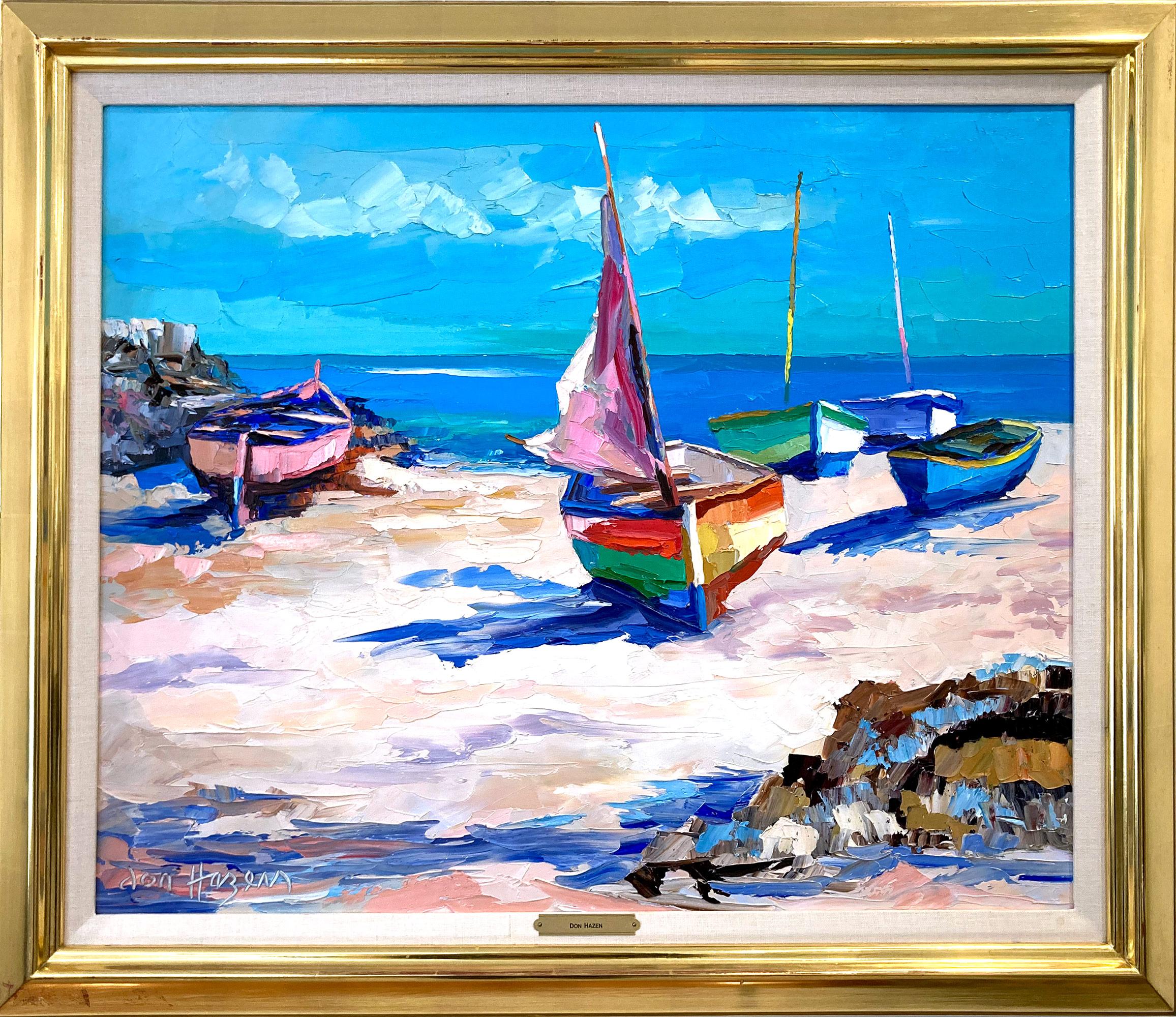 "Boats on the Beach" American Impressionist Oil Painting on Canvas Framed