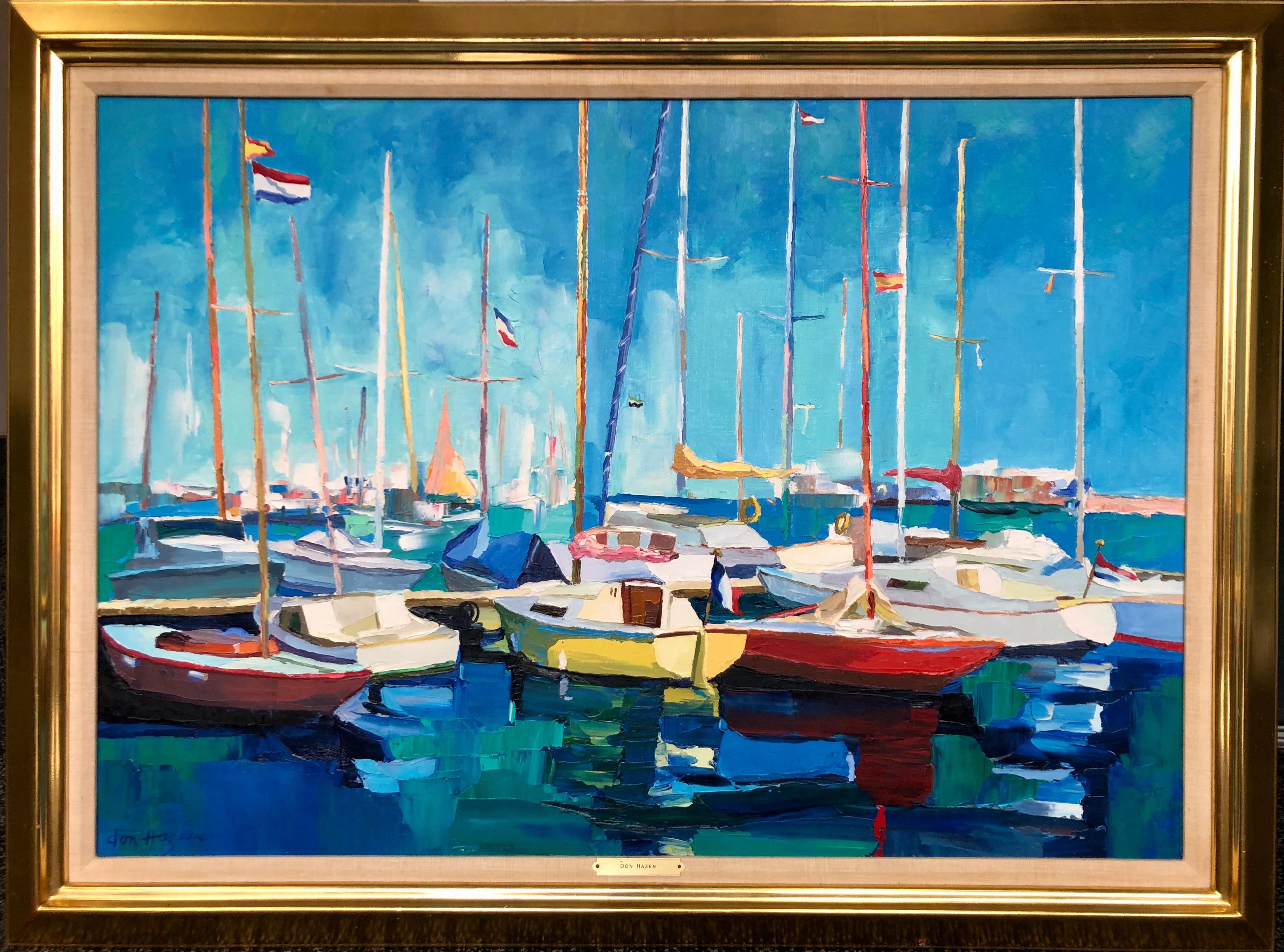 Don Hazen Landscape Painting - Vibrant Sailboats On The Water